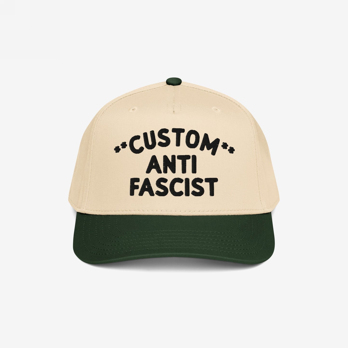 Custom Anti-Fascist 5-Panel Hat with a beige crown and green brim, featuring bold black embroidered text. Perfect for expressing your activism with customizable options for a personal touch.