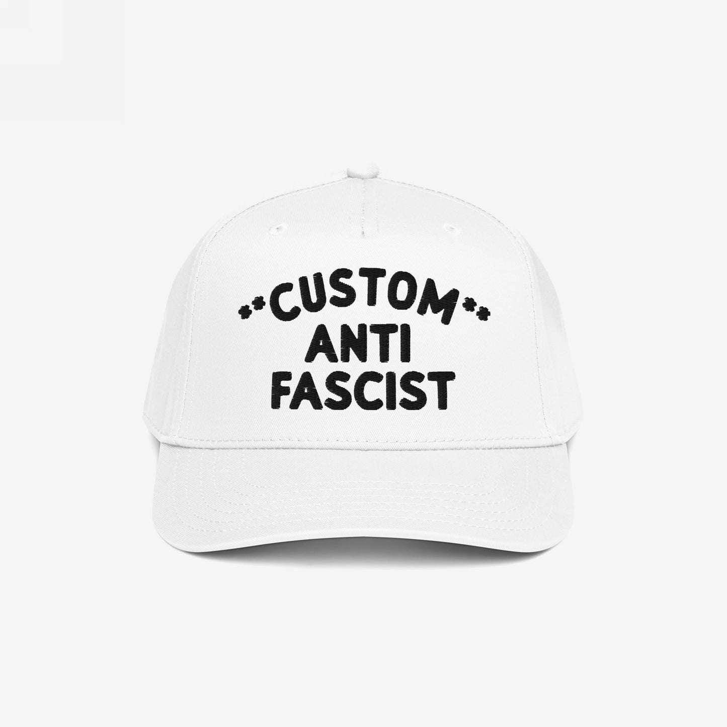 Custom Anti-Fascist 5-Panel Hat features bold black embroidered text on a white cap, blending activism with style. Ideal for expressing individuality and standing against fascism, suitable for everyday wear or events.