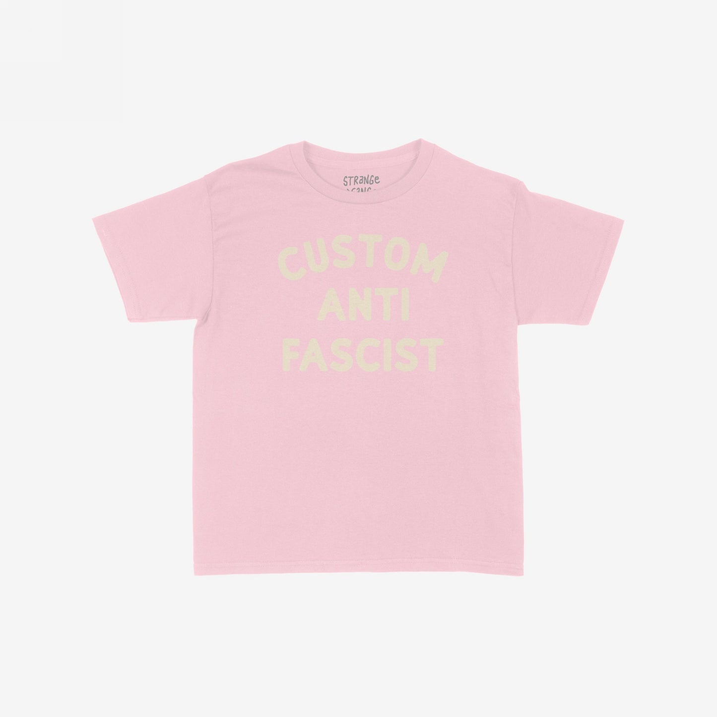 Custom Anti-Fascist Women's Baby Tee, featuring bold block lettering across the chest. This cropped pastel-pink tee combines vintage Y2K style with an activist message, embodying a modern rebel's spirit.