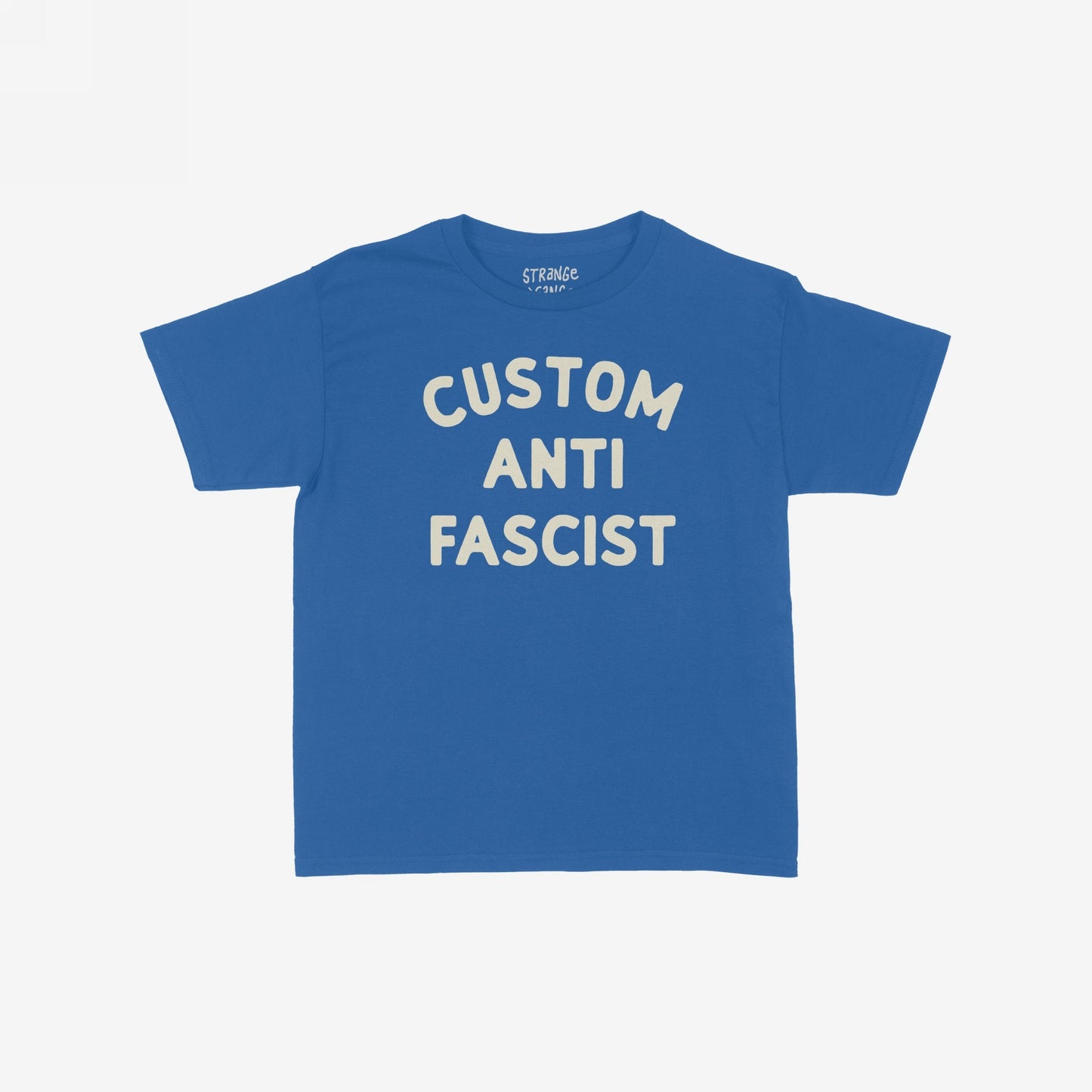 Custom Anti-Fascist Women's Baby Tee featuring bold CUSTOM ANTI FASCIST text. This cropped, fitted tee embraces activism with a vintage Y2K flair, ideal for expressing individuality and supporting equality.