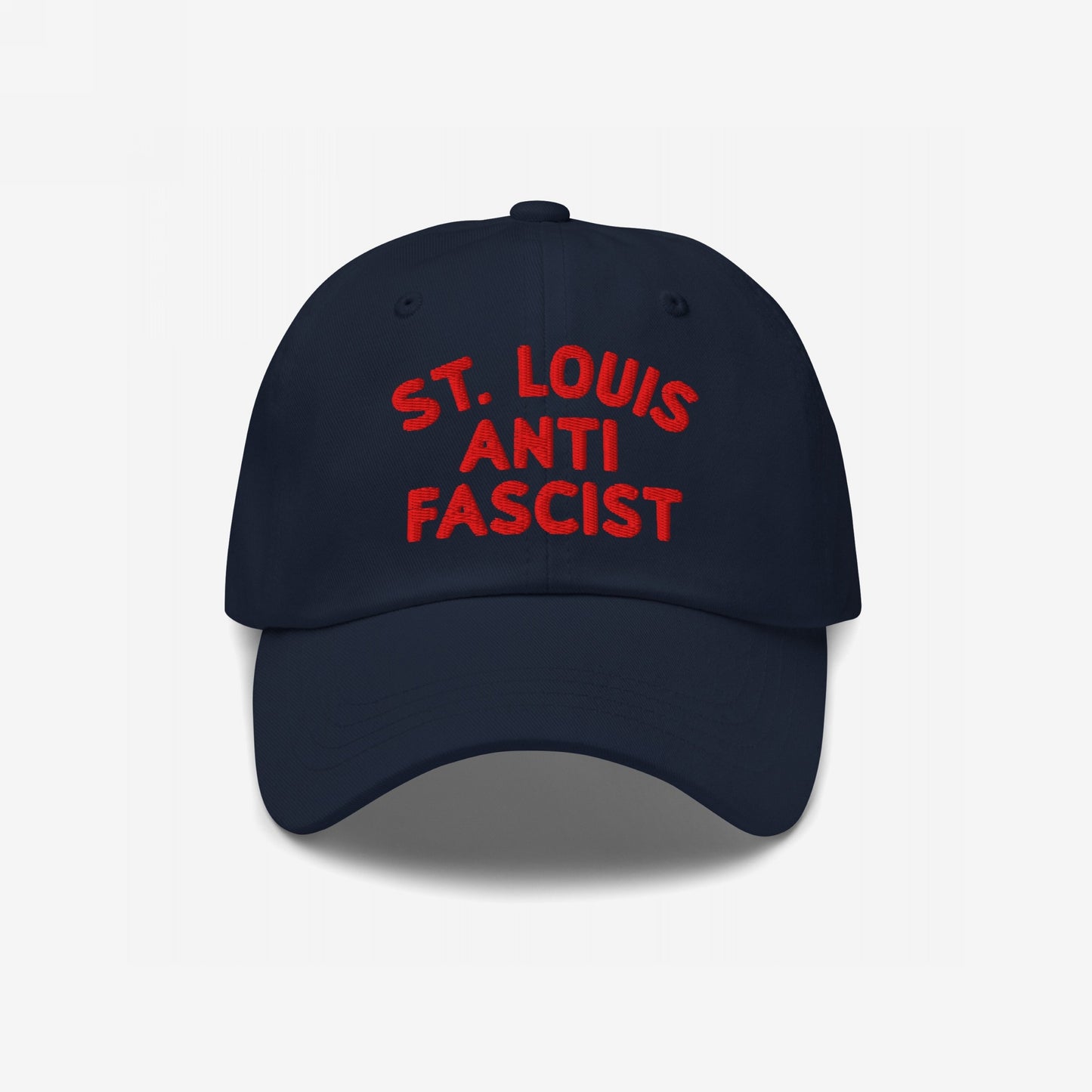 Navy-blue Custom Anti-Fascist Dad Hat featuring red ST. LOUIS ANTI FASCIST embroidery on the front, exemplifying relaxed style and bold anti-fascist messaging with adjustable back strap for versatile wear.