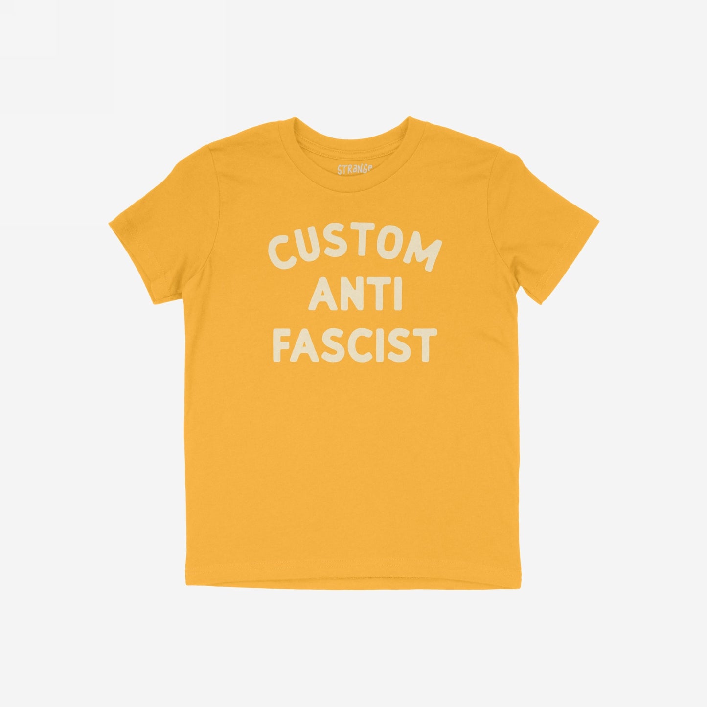 Mustard-yellow Custom Anti-Fascist Kids T-shirt featuring off-white text across the chest. The phrase can be personalized for young activists, showcasing a commitment to anti-fascist values. Brand label visible inside neckline.