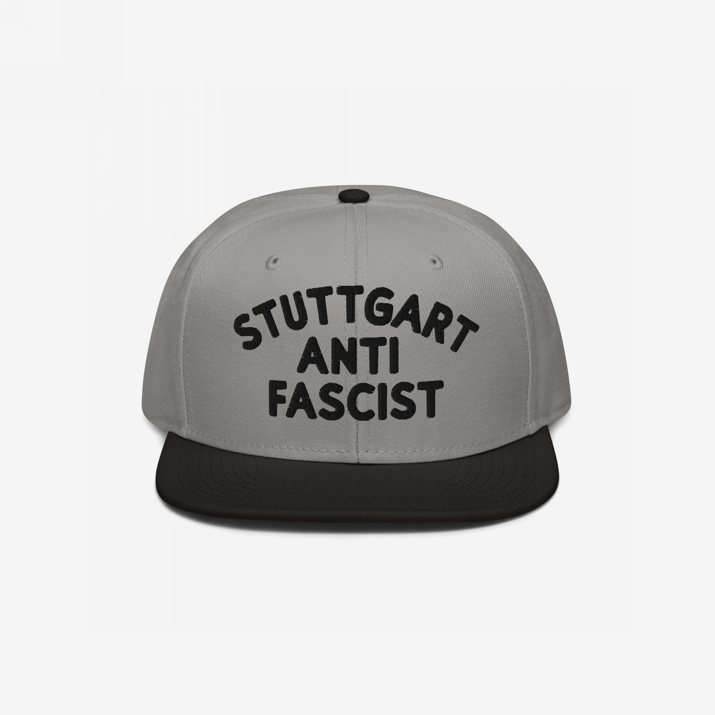 Custom Anti-Fascist Snapback Hat with STUTTGART ANTI FASCIST black embroidery on a two-tone cap, featuring a light gray crown and black brim, designed for a bold, personalized anti-fascist statement.