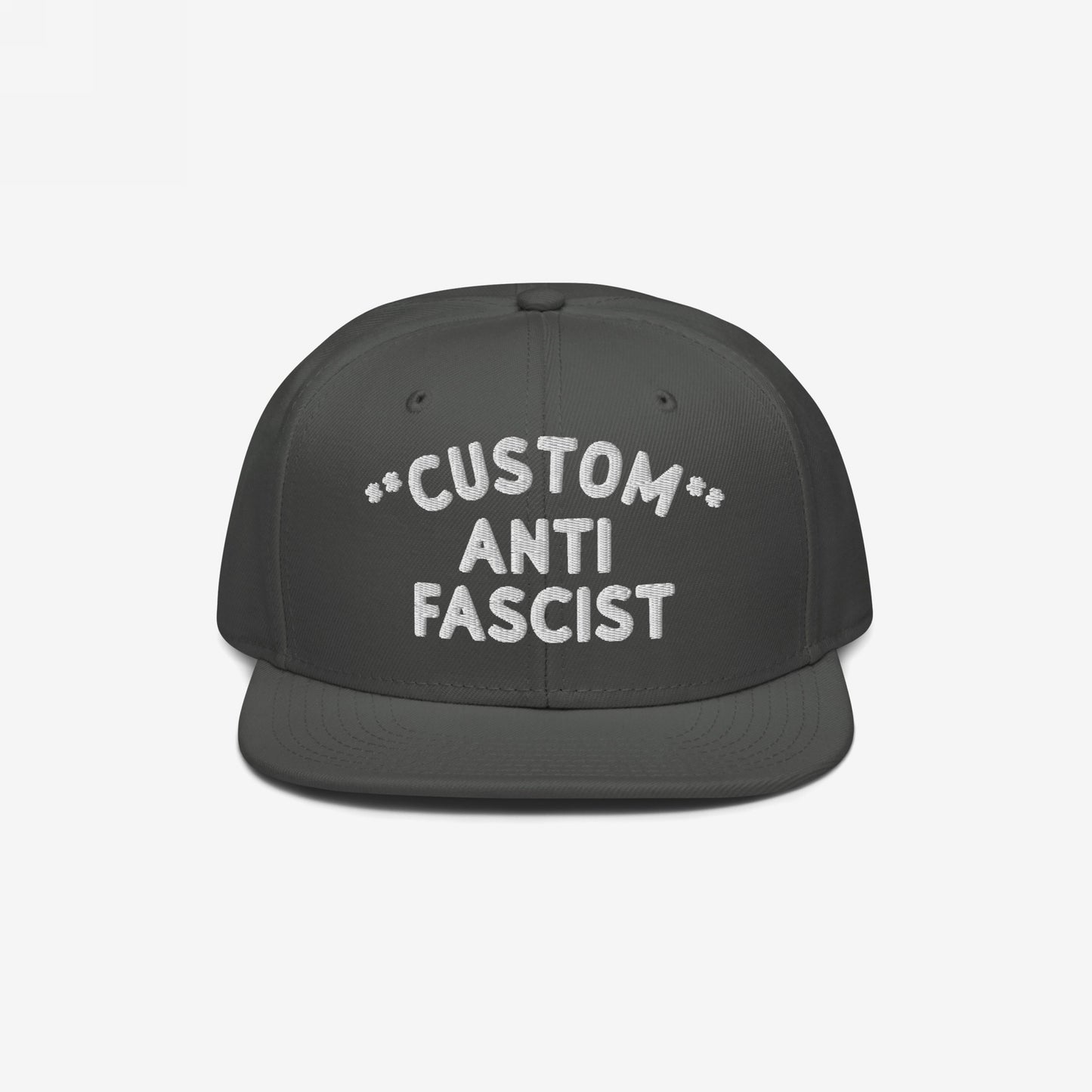 Custom Anti-Fascist Snapback Hat featuring bold white embroidery on a dark flat-brim cap. Show your stance with personalization options, adjustable fit, and a structured design, perfect for making a statement.