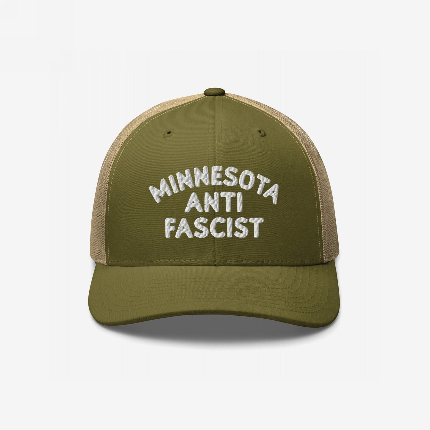 Custom Anti-Fascist Trucker Hat featuring “MINNESOTA ANTI FASCIST” embroidered on an olive green front with a beige mesh back and adjustable snap closure for a bold, breathable statement piece.