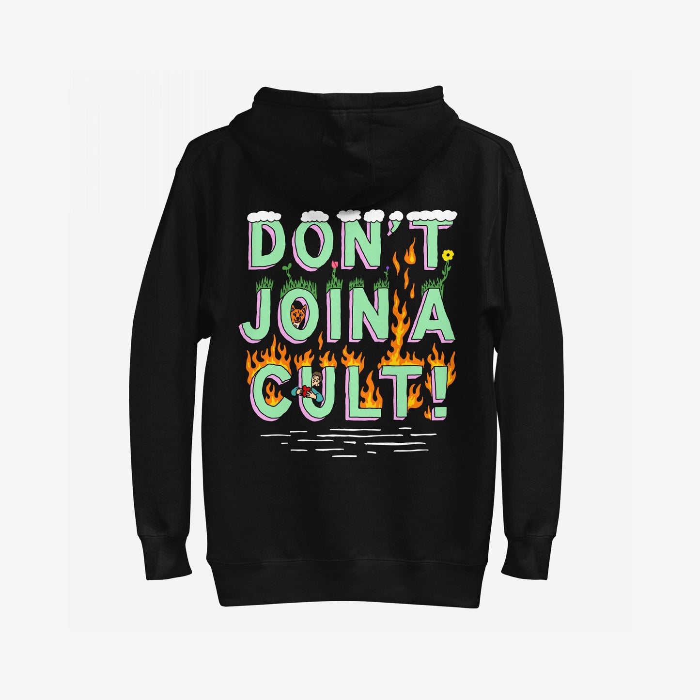 Don't Join A Cult Hoodie & Sweatshirt features a bold back graphic with colorful illustrations and a striking slogan, urging critical thinking over cult mentality. Perfect for making a statement.