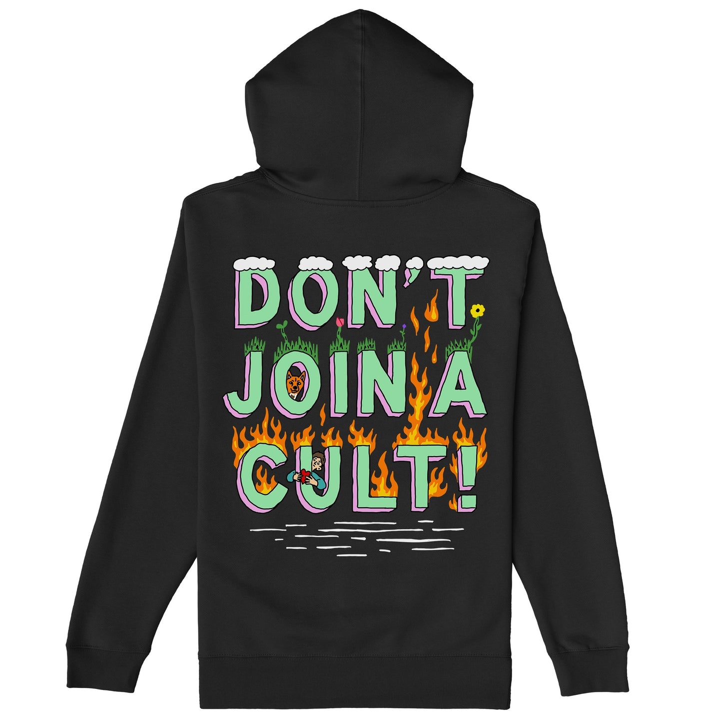 Don't Join A Cult Hoodie & Sweatshirt features a bold back graphic with colorful illustrations and a striking slogan, urging critical thinking over cult mentality. Perfect for making a statement.