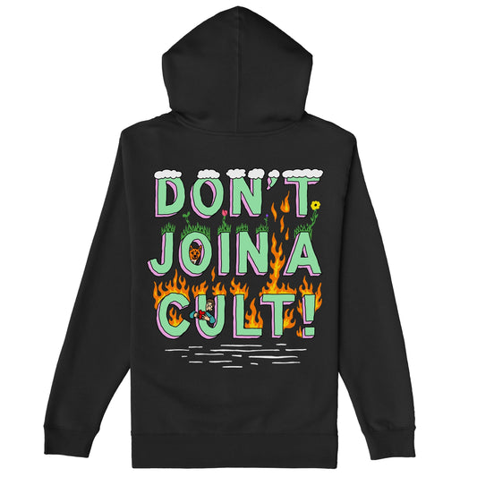 Don't Join A Cult Hoodie & Sweatshirt features a bold back graphic with colorful illustrations and a striking slogan, urging critical thinking over cult mentality. Perfect for making a statement.