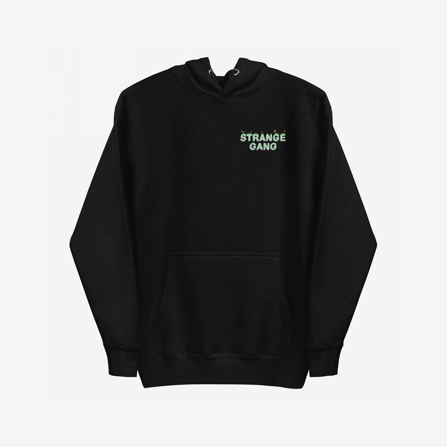 Don't Join A Cult Hoodie features a black pullover with 'STRANGE GANG' in teal on the chest, accented by colorful details, symbolizing resistance against groupthink and authoritarianism.