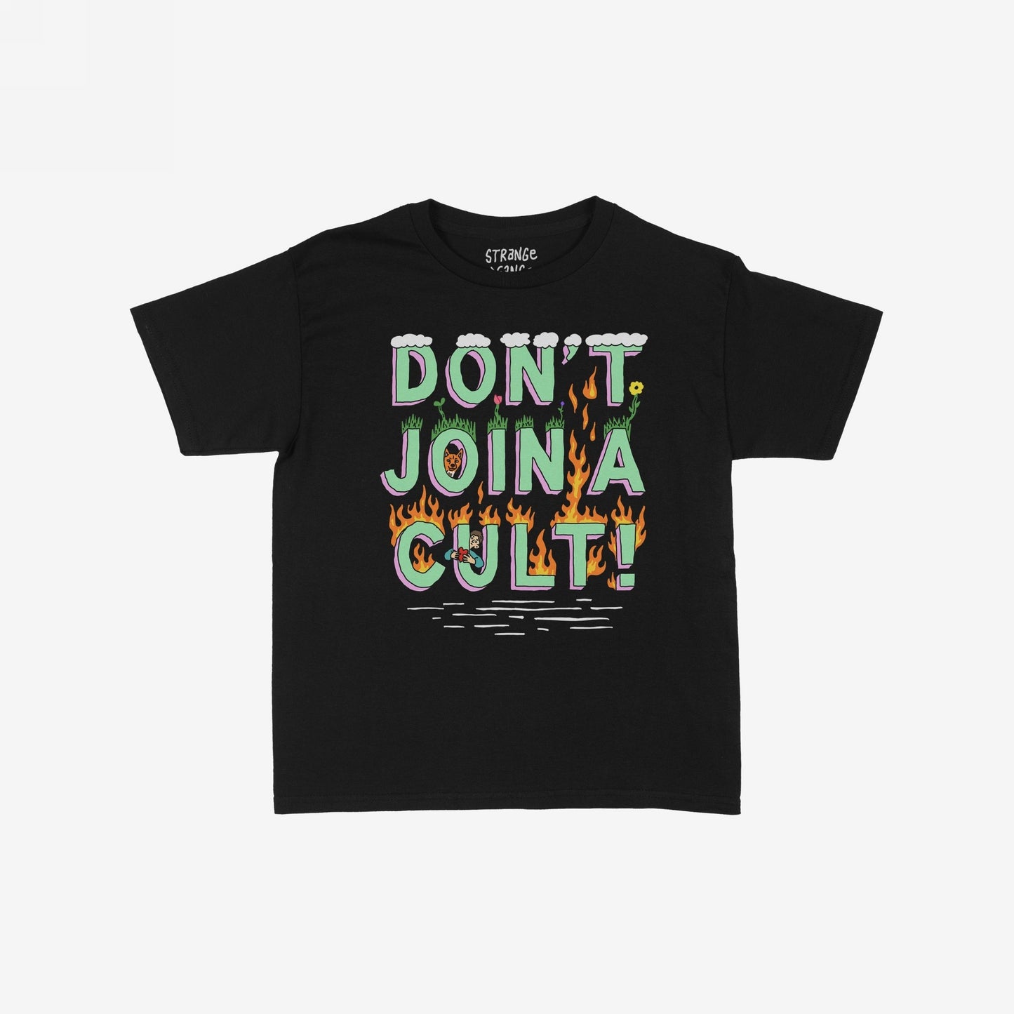 Don't Join A Cult T-shirt featuring bold pastel green and lavender slogan with grass, flowers, clouds, and flames, critiquing blind political loyalty, perfect for expressing independent, questioning perspectives.