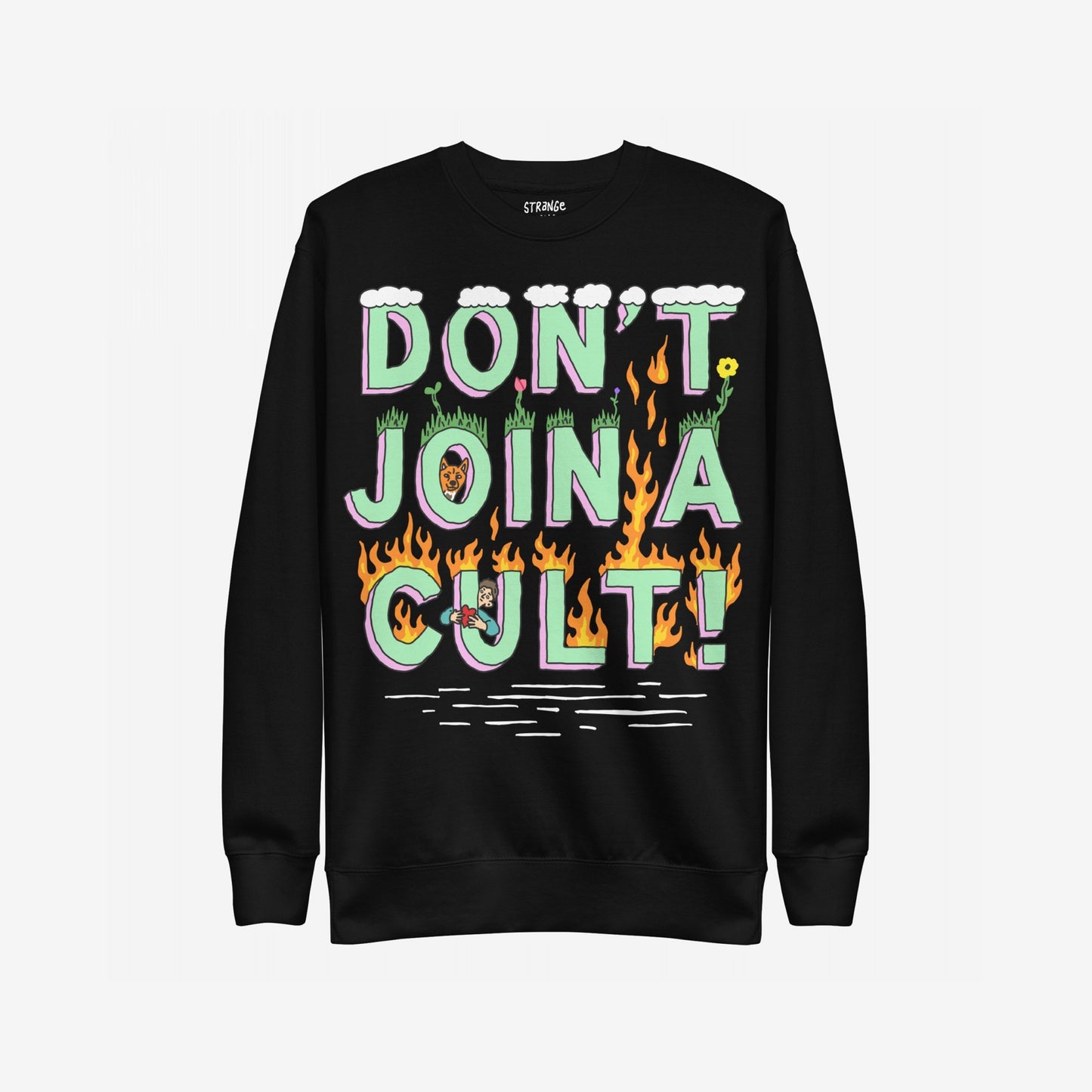 Don't Join A Cult Hoodie & Sweatshirt features a bold, playful graphic warning against blind loyalty, with colorful block letters and whimsical illustrations, promoting critical thinking and rejecting authoritarianism.