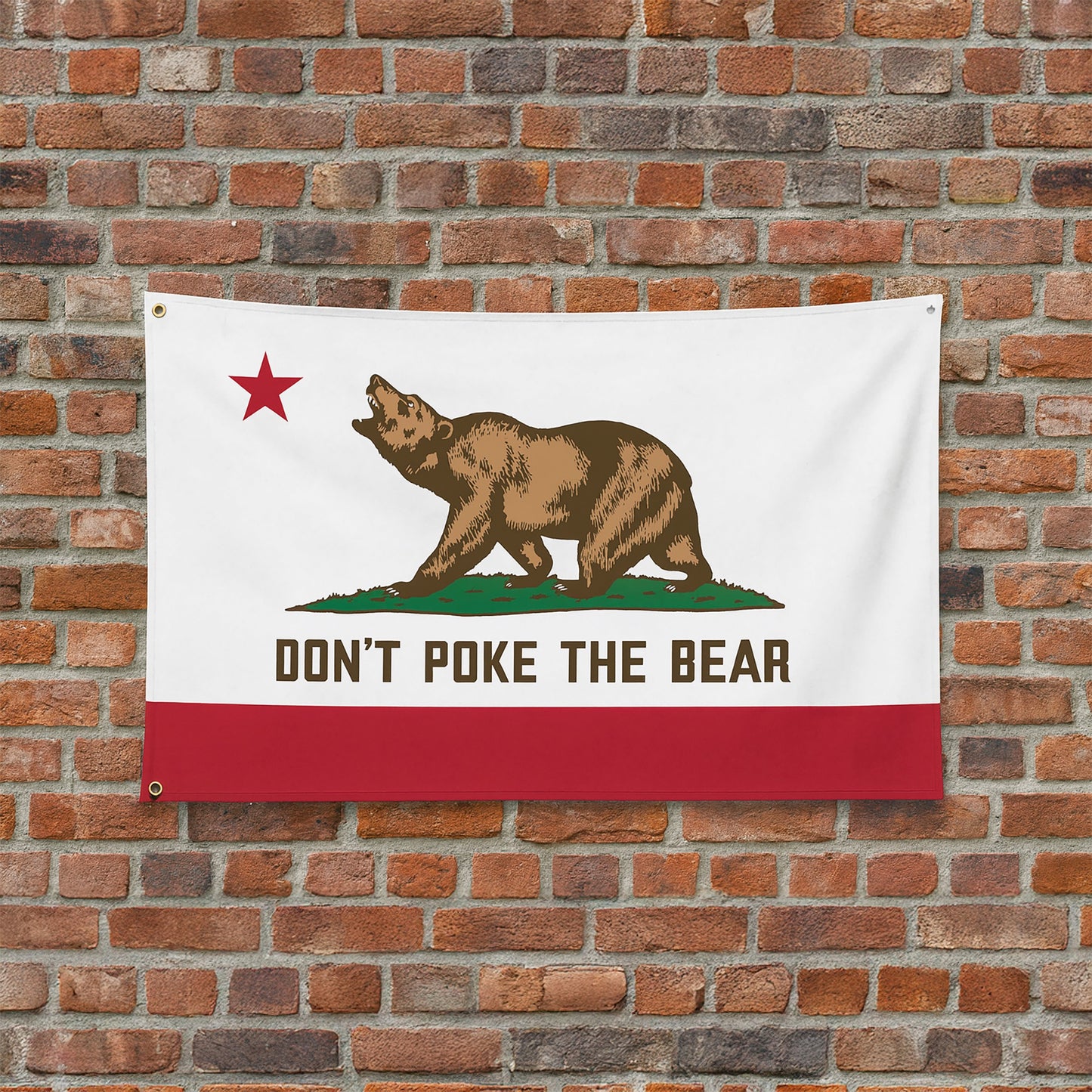 Don’t Poke The Bear California protest flag fully displayed, bold political message on classic bear design