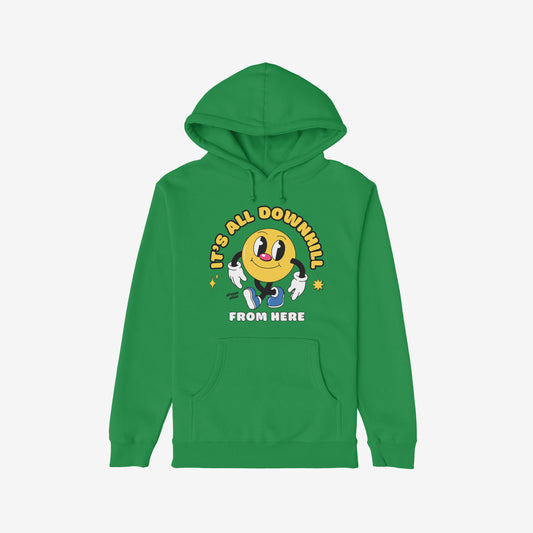 Green pullover hoodie featuring the Downhill Shirt design: a playful yellow smiley-face cartoon with IT’S ALL DOWNHILL and FROM HERE slogans, embodying comfortable cynicism and supporting NAMI.