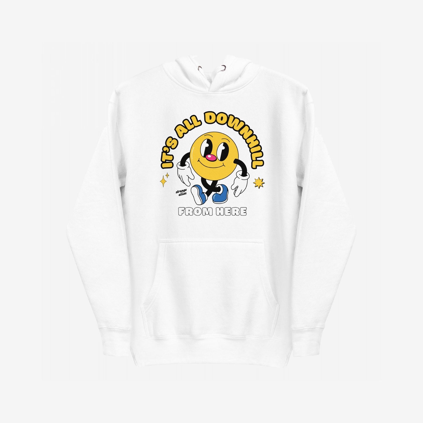 Downhill Hoodie & Sweatshirt features a cartoon-style yellow smiley with arms and blue shoes, surrounded by sparkles. Slogan reads “It’s All Downhill From Here,” embodying a playful, realistic outlook.