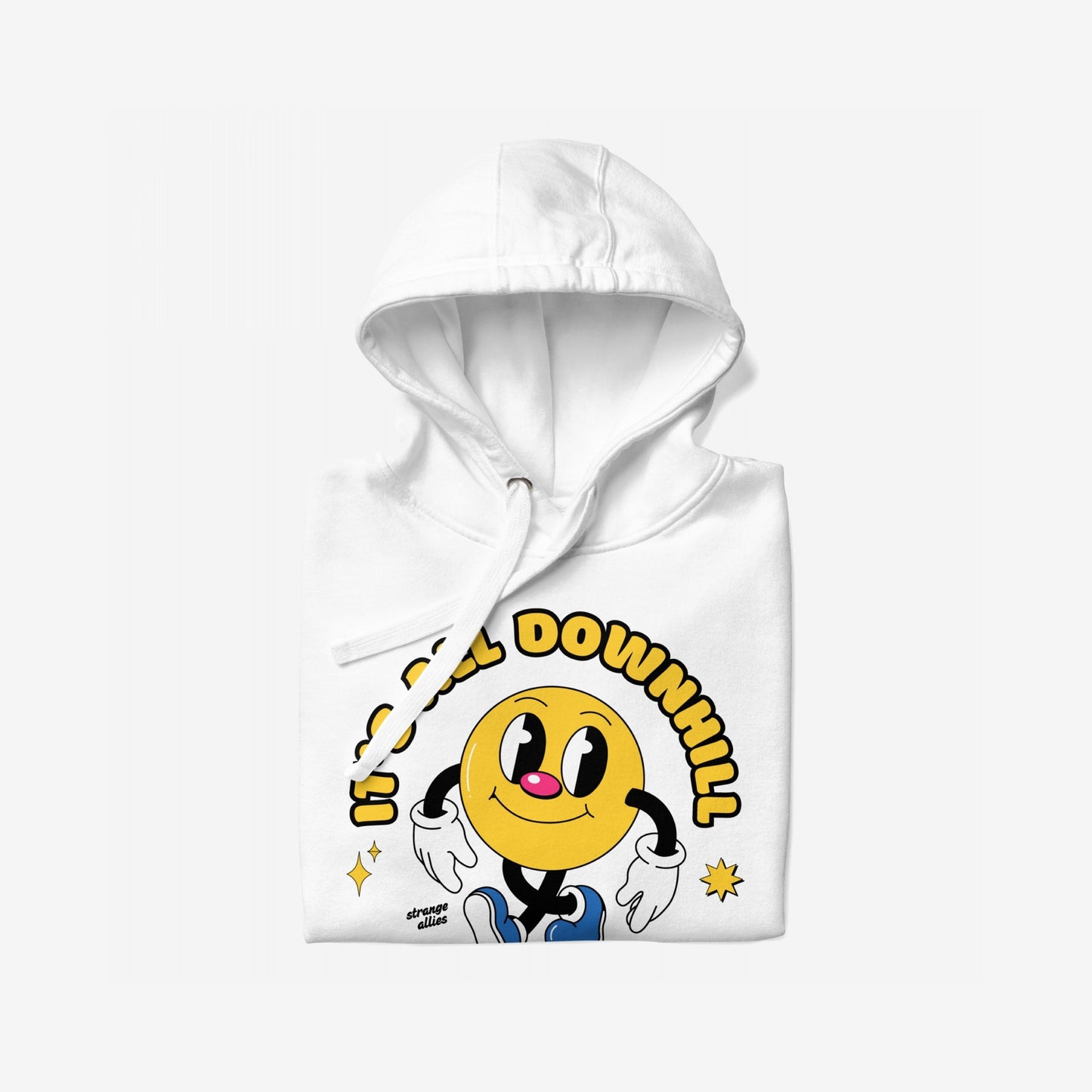 Downhill Hoodie & Sweatshirt features a retro cartoon of a smiling yellow character with I ROLL DOWNHILL text, perfect for realists and cynics embracing life's chaos with humor.