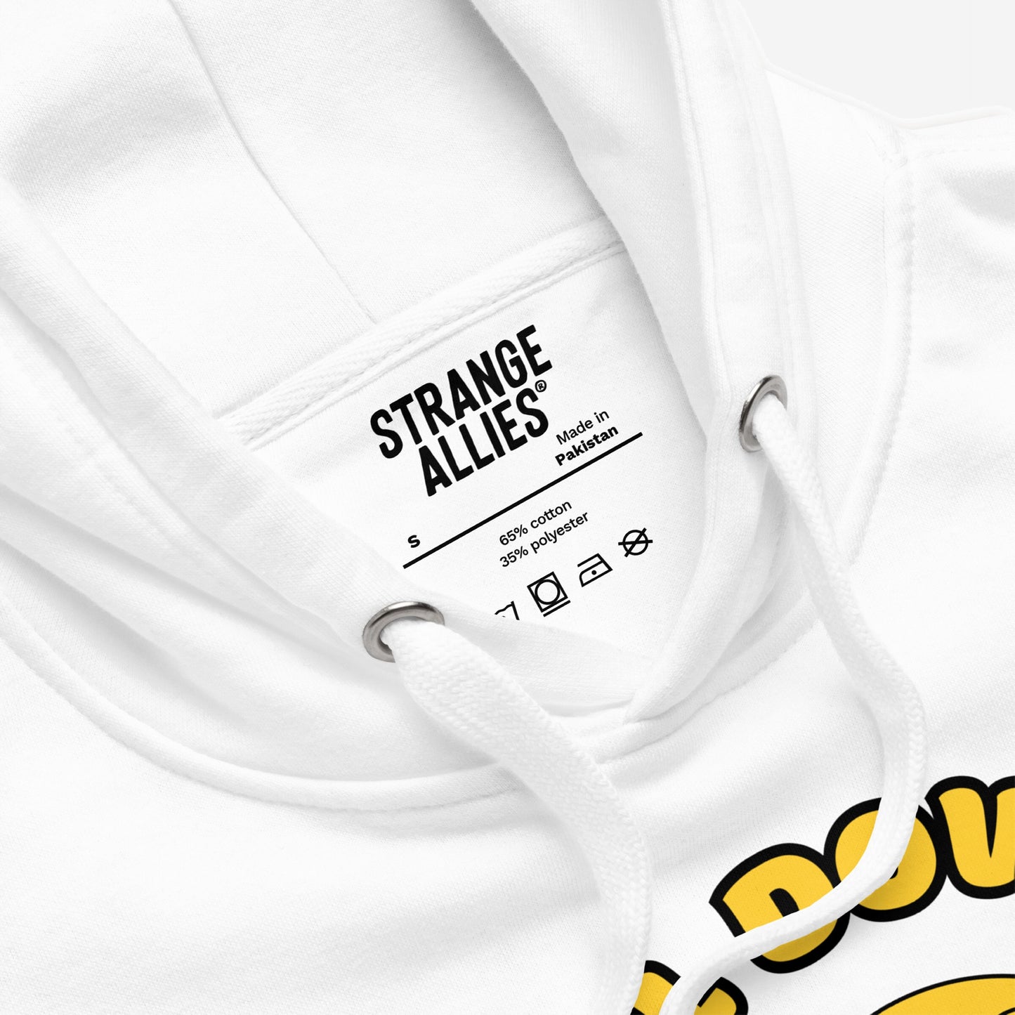 Close-up of Downhill Hoodie & Sweatshirt's neck label showing STRANGE ALLIES, size S, and fabric details. Highlighting drawcord with metal eyelets and a yellow-outlined graphic, perfect for realists and cynics.