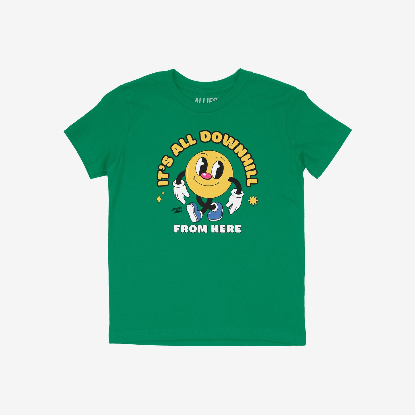 Downhill Shirt features a cheerful vintage-cartoon smiley with “IT’S ALL DOWNHILL FROM HERE” text, embodying a playful cynicism. Ideal for those embracing life's challenges with a smirk.