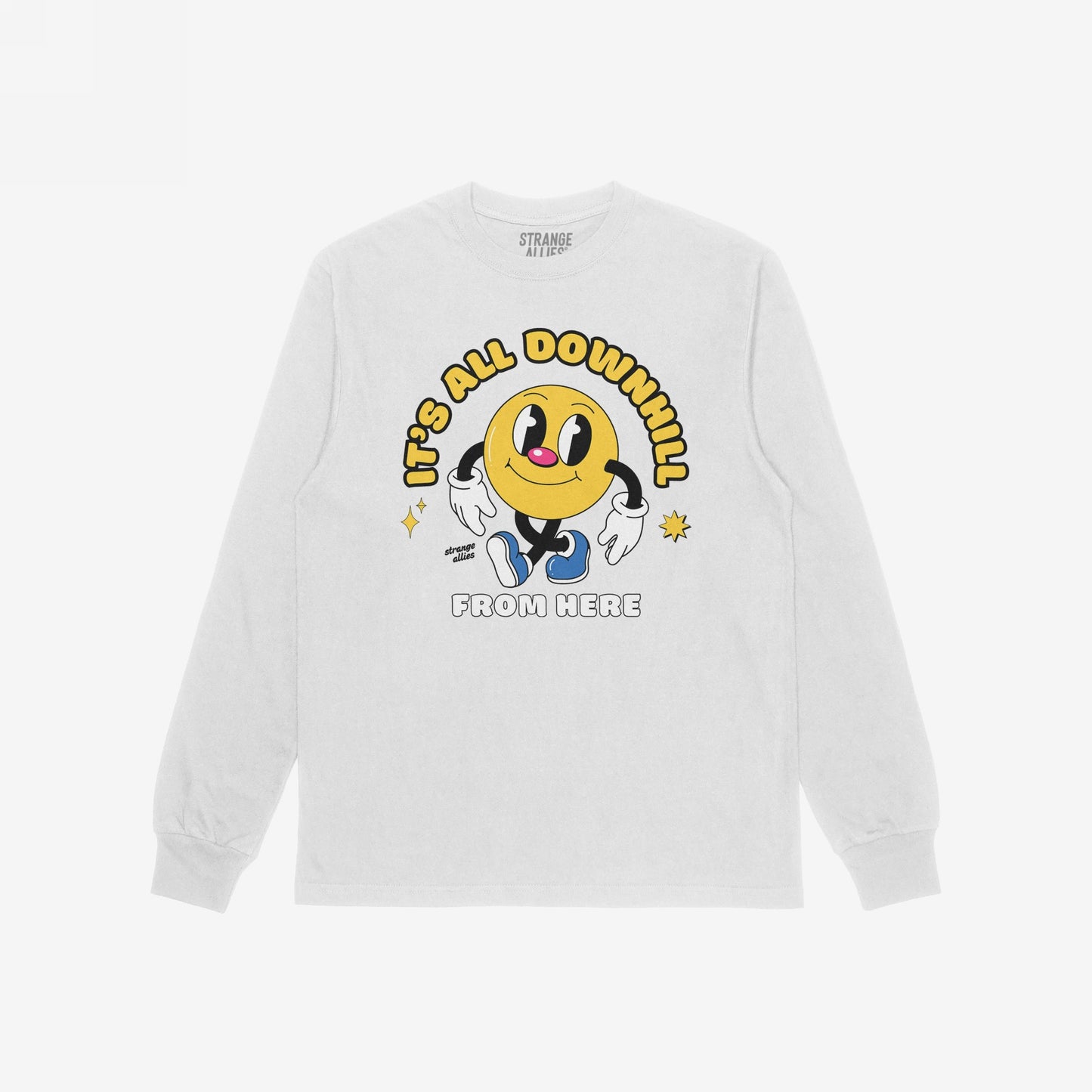 Downhill T-shirt featuring a retro cartoon of a smiling face with gloved hands and blue-soled sneakers, under the slogan IT’S ALL DOWNHILL FROM HERE. Includes strange allies label.