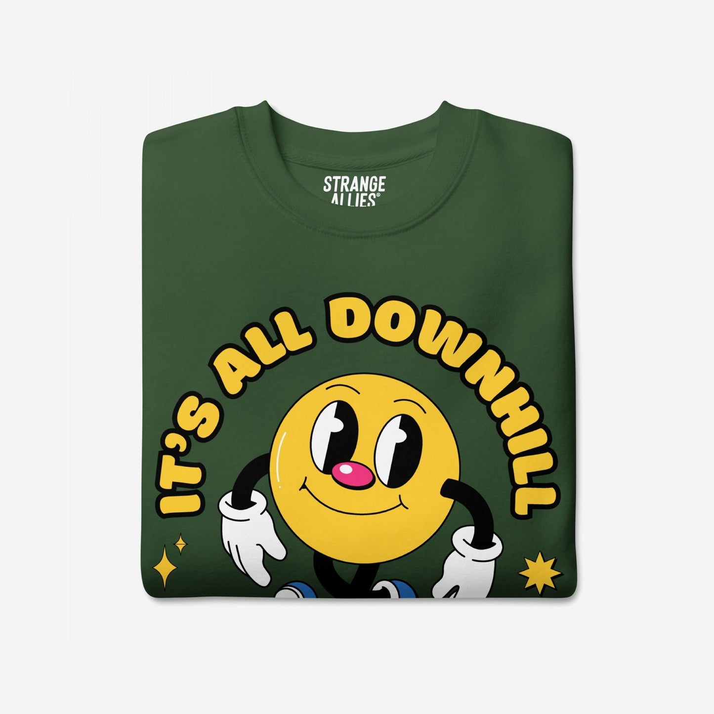 Downhill Hoodie & Sweatshirt featuring a retro-cartoon yellow smiley with gloves and the slogan “IT’S ALL DOWNHILL,” capturing a playful, realistic vibe for those embracing life’s chaos.