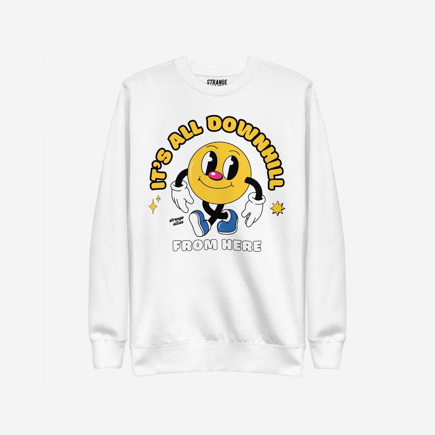 Downhill Hoodie & Sweatshirt features a retro smiley with It’s All Downhill From Here slogan, embodying a cheeky, realistic vibe. Ideal for embracing life's chaos with humor and comfort.