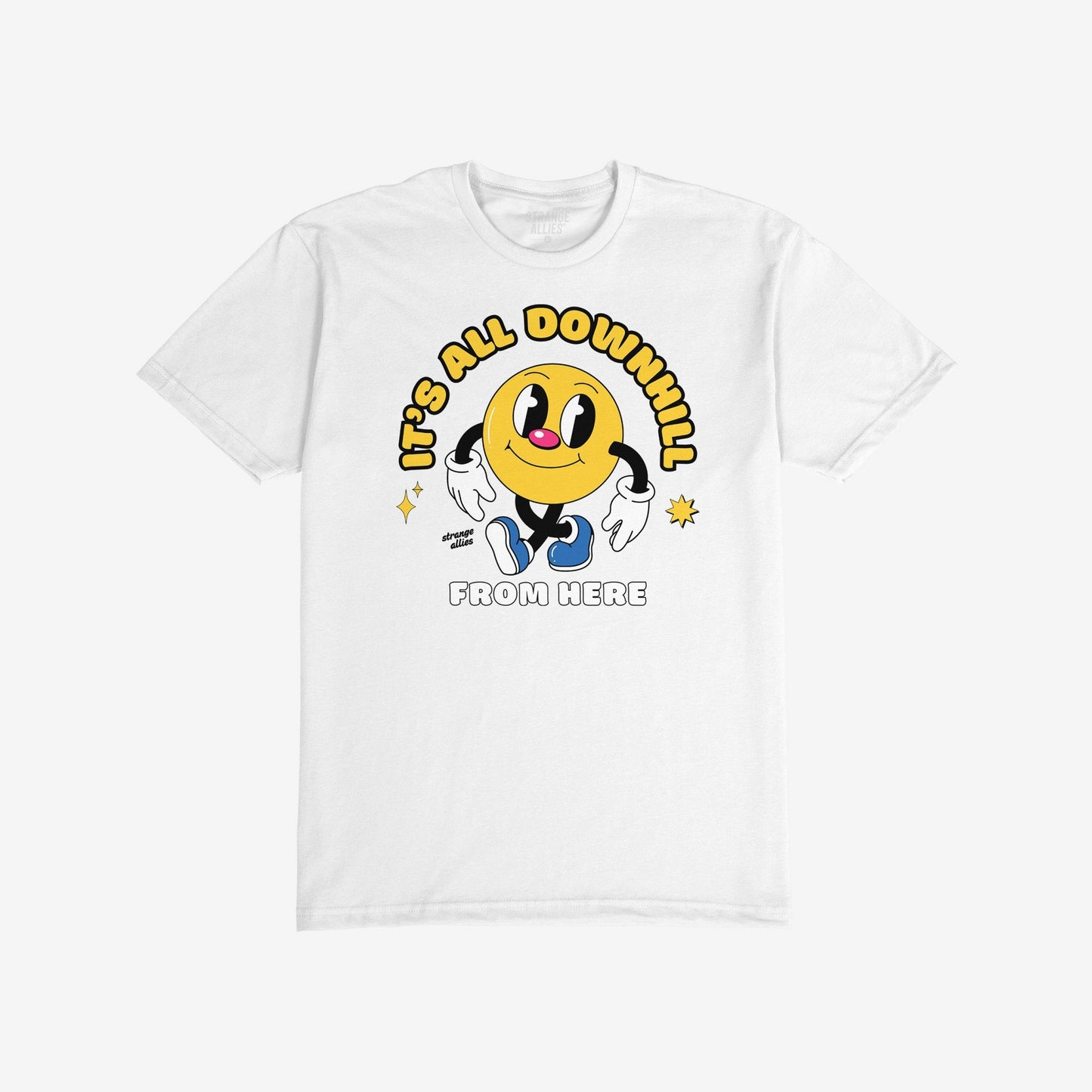 Downhill T-shirt featuring a retro-cartoon yellow smiley face in sneakers with the text “IT’S ALL DOWNHILL FROM HERE,” blending humor and honesty. Available in various styles for adults and kids.