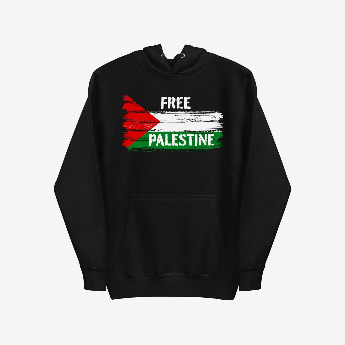Free Palestine Hoodie features a distressed Palestinian flag graphic with FREE PALESTINE text, embodying activism and solidarity. Ideal for protests or daily wear, reflecting a commitment to liberation movements.