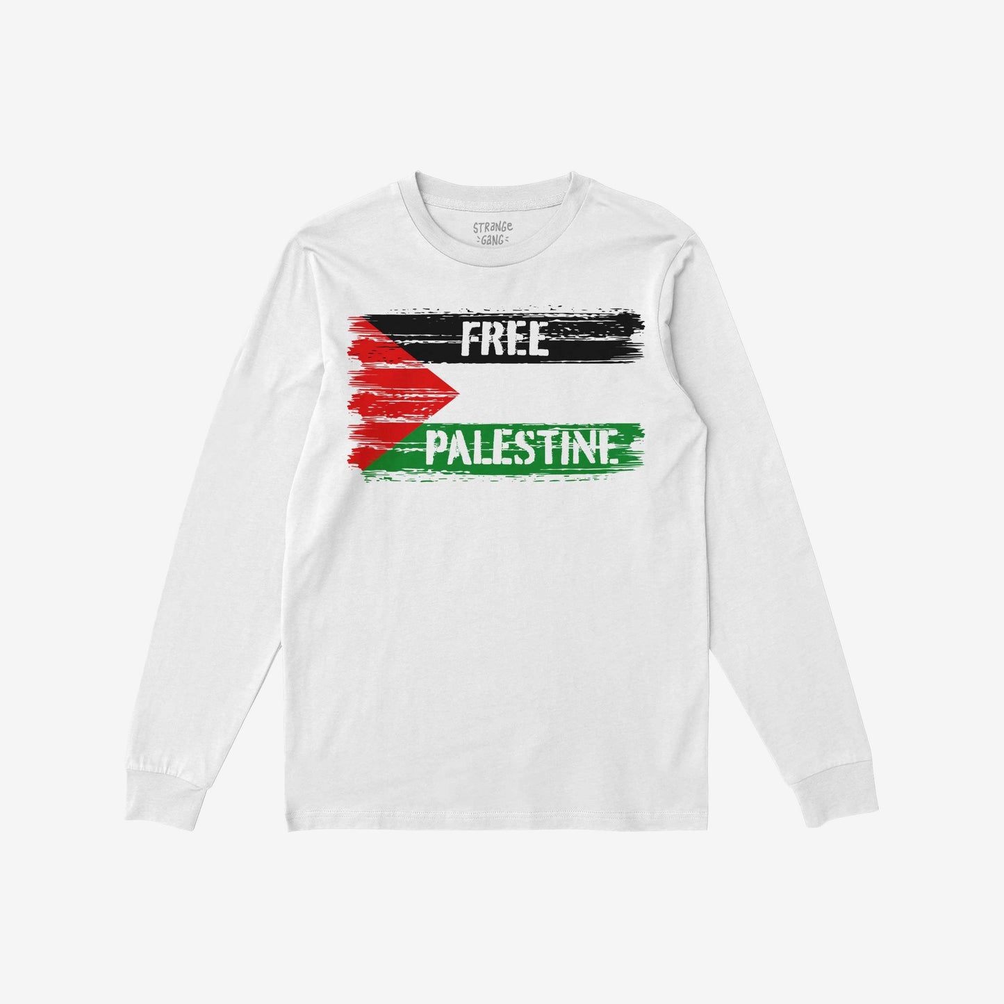 Free Palestine T-shirt with a distressed Palestinian flag graphic; features bold FREE and PALESTINE text, reflecting resistance and solidarity. Ideal for expressing support against injustice and promoting liberation.