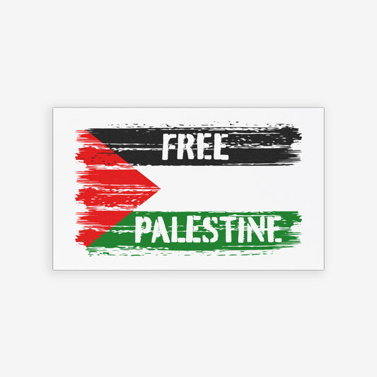 Free Palestine Magnet featuring a stylized Palestinian flag with FREE and PALESTINE in distressed brush-stroke style, symbolizing solidarity and resistance. Perfect for cars or fridges, showing support for justice.