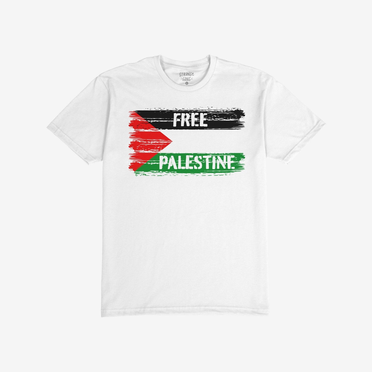 Free Palestine T-shirt featuring a distressed Palestinian flag design with FREE and PALESTINE text, symbolizing resistance and solidarity. Available in various fits, supporting equality and justice.