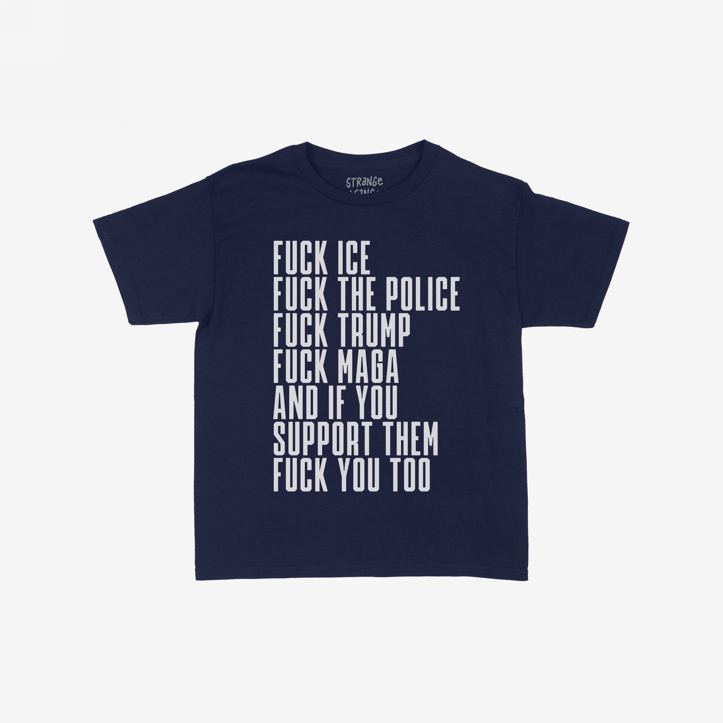Fuck 'Em All Women's Baby Tee with bold white text denouncing ICE, police, Trump, and MAGA. A defiant statement piece for those challenging authority and advocating for equality and justice.