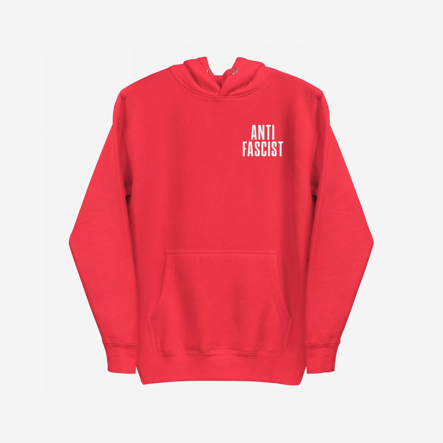 Fuck 'Em All Back Print Hoodie & Sweatshirt featuring “ANTI FASCIST” in bold white letters on chest, with a drawstring hood and front pocket. Ideal for those opposing fascism and supporting equality.