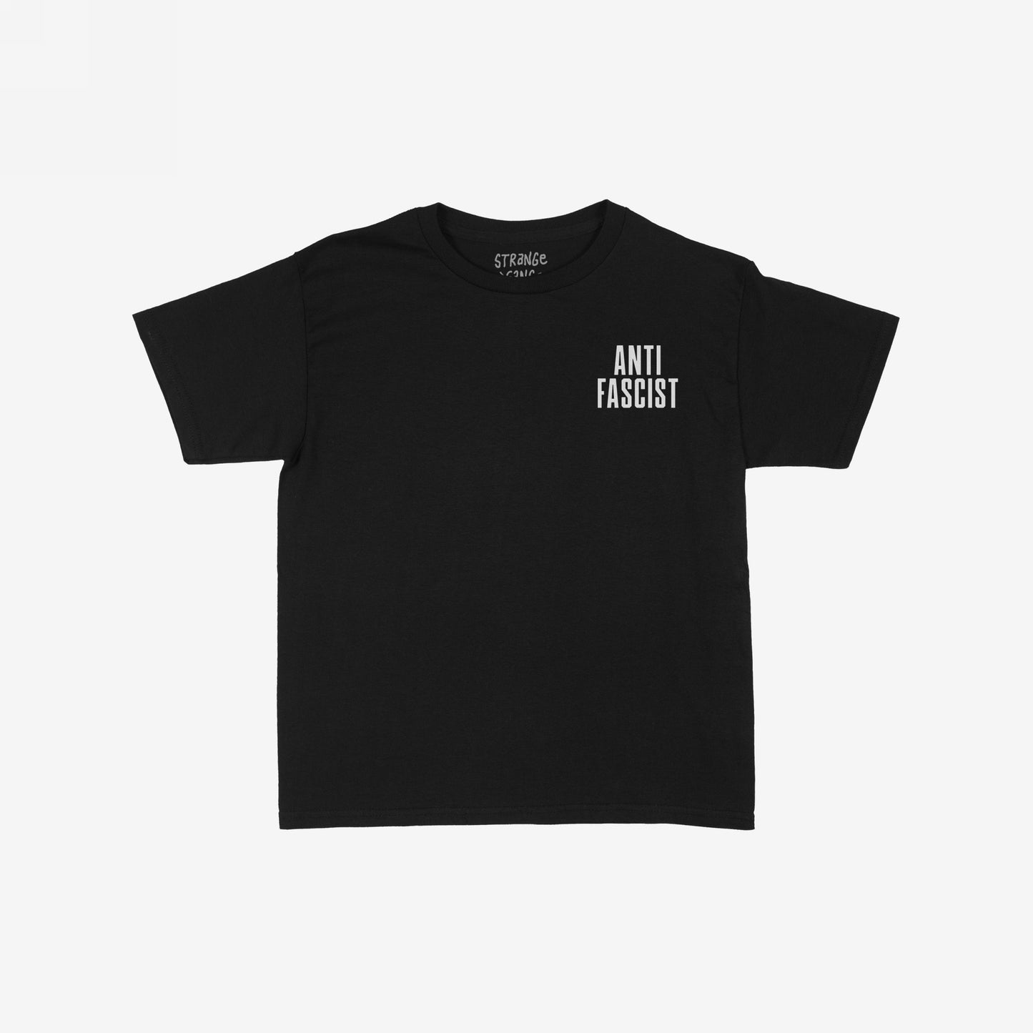 Fuck 'Em All Back Print T-shirt featuring “ANTI FASCIST” text on the front left chest, designed for activism and protest. Ideal for expressing strong anti-fascist sentiment in public spaces.