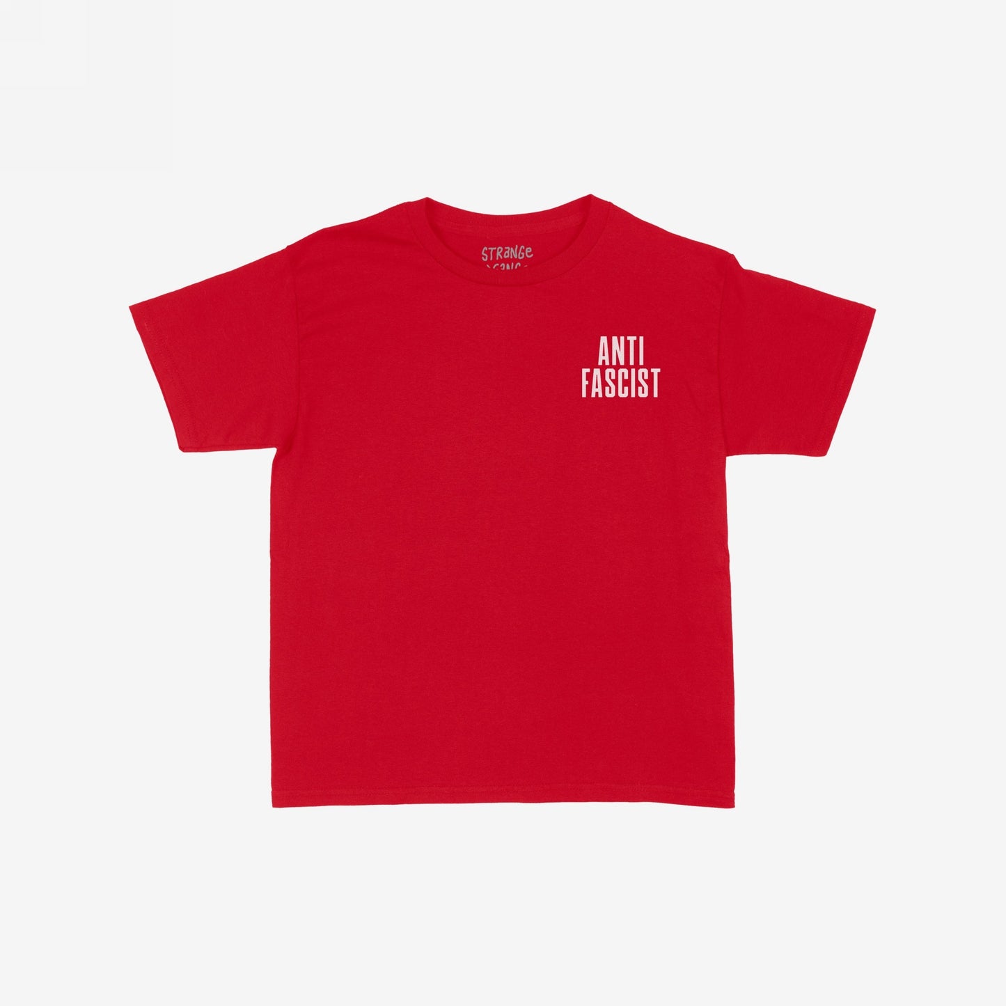 Fuck 'Em All Back Print T-shirt featuring “ANTI FASCIST” in bold white letters on the front, ideal for protest and public expression, laid flat with a crew neck and short sleeves.