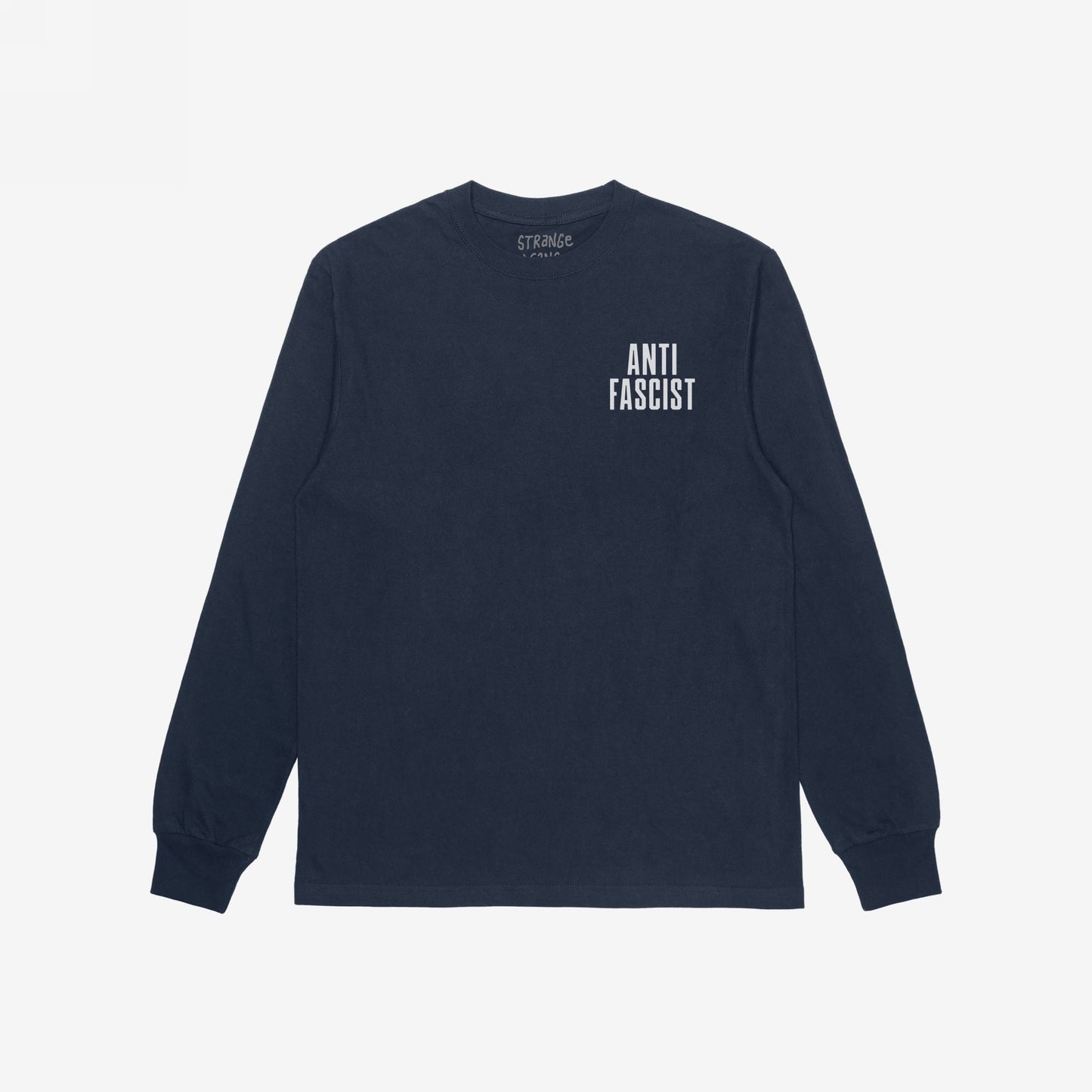 Navy-blue Fuck 'Em All Back Print T-shirt featuring “ANTI FASCIST” on the front, designed for activism and resistance. Suitable for protests, this long-sleeve shirt embodies anti-fascism and supports equality.