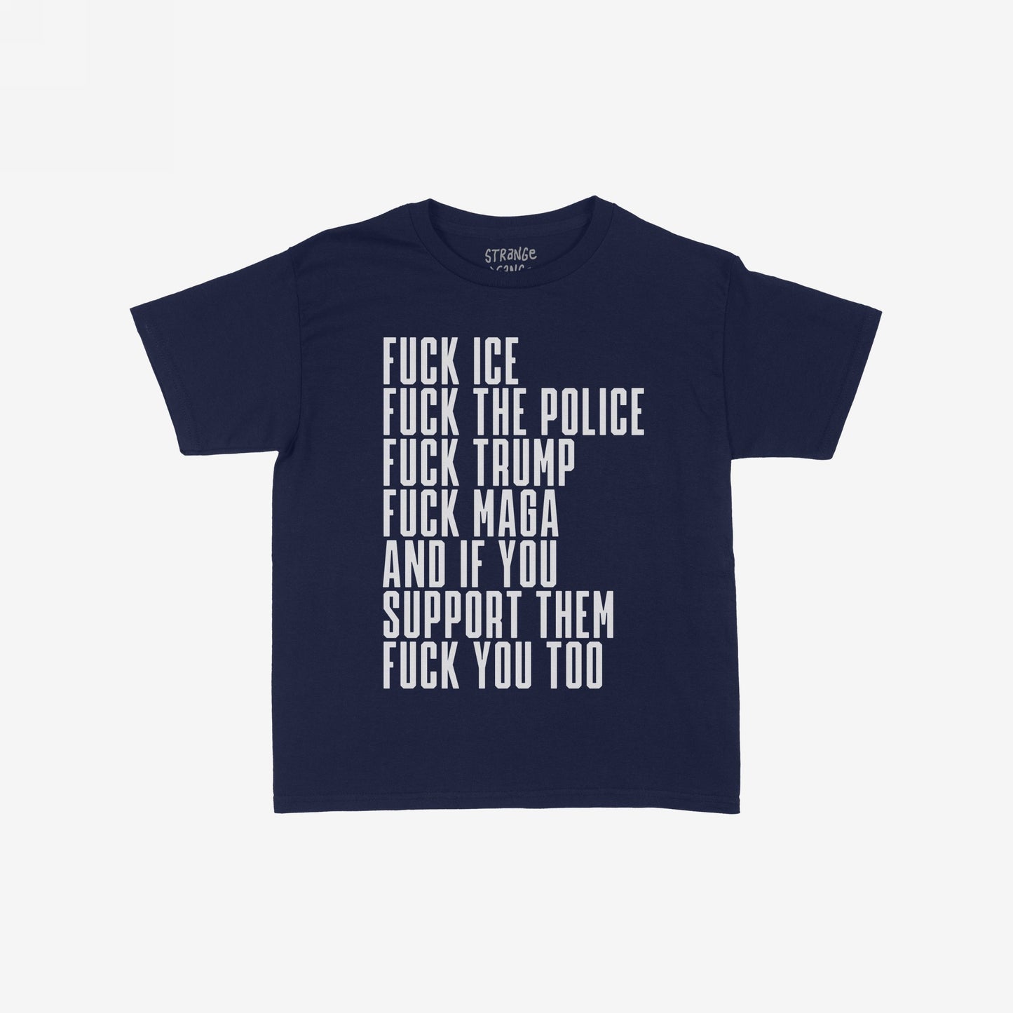 The Fuck 'Em All T-shirt boldly displays anti-authoritarian statements in stacked white text, directly challenging oppressive systems with messages like FUCK ICE and FUCK TRUMP, aligning with advocacy for equality.