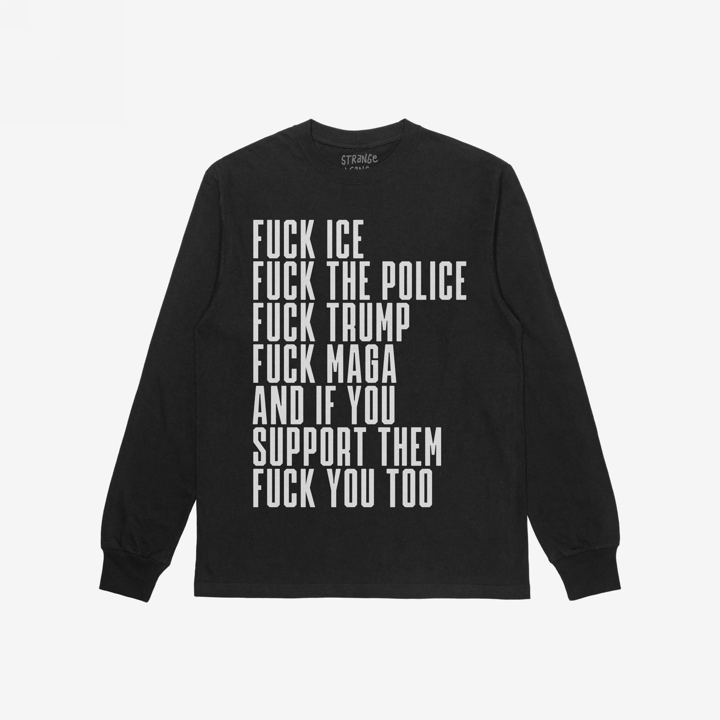 Fuck 'Em All T-shirt features bold white text listing anti-authoritarian statements on a black, long-sleeve shirt, reflecting a strong stance against oppression and supporting equality.