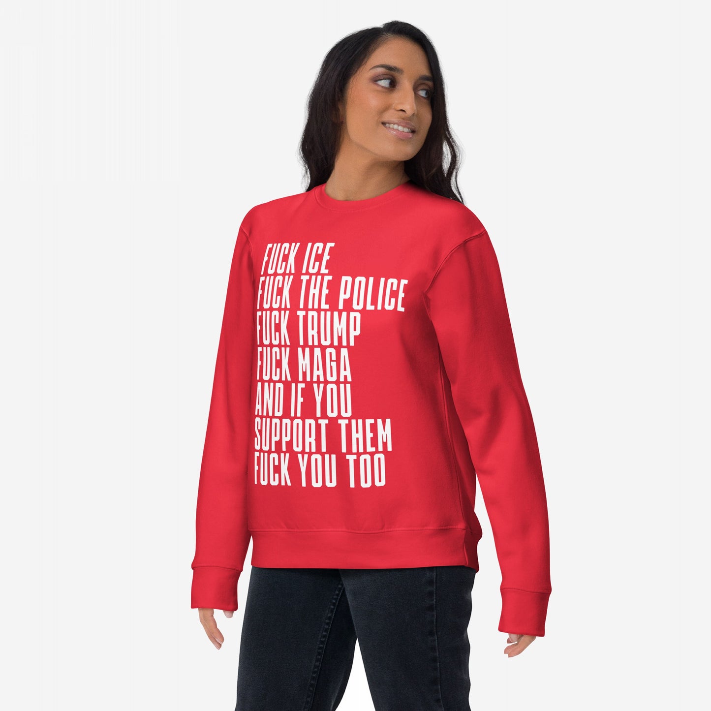 Person wearing the Fuck 'Em All Sweatshirt with bold white text confronting ICE, police, Trump, MAGA, and their supporters. A powerful, protest-ready piece for radical, unapologetic expressions of dissent.