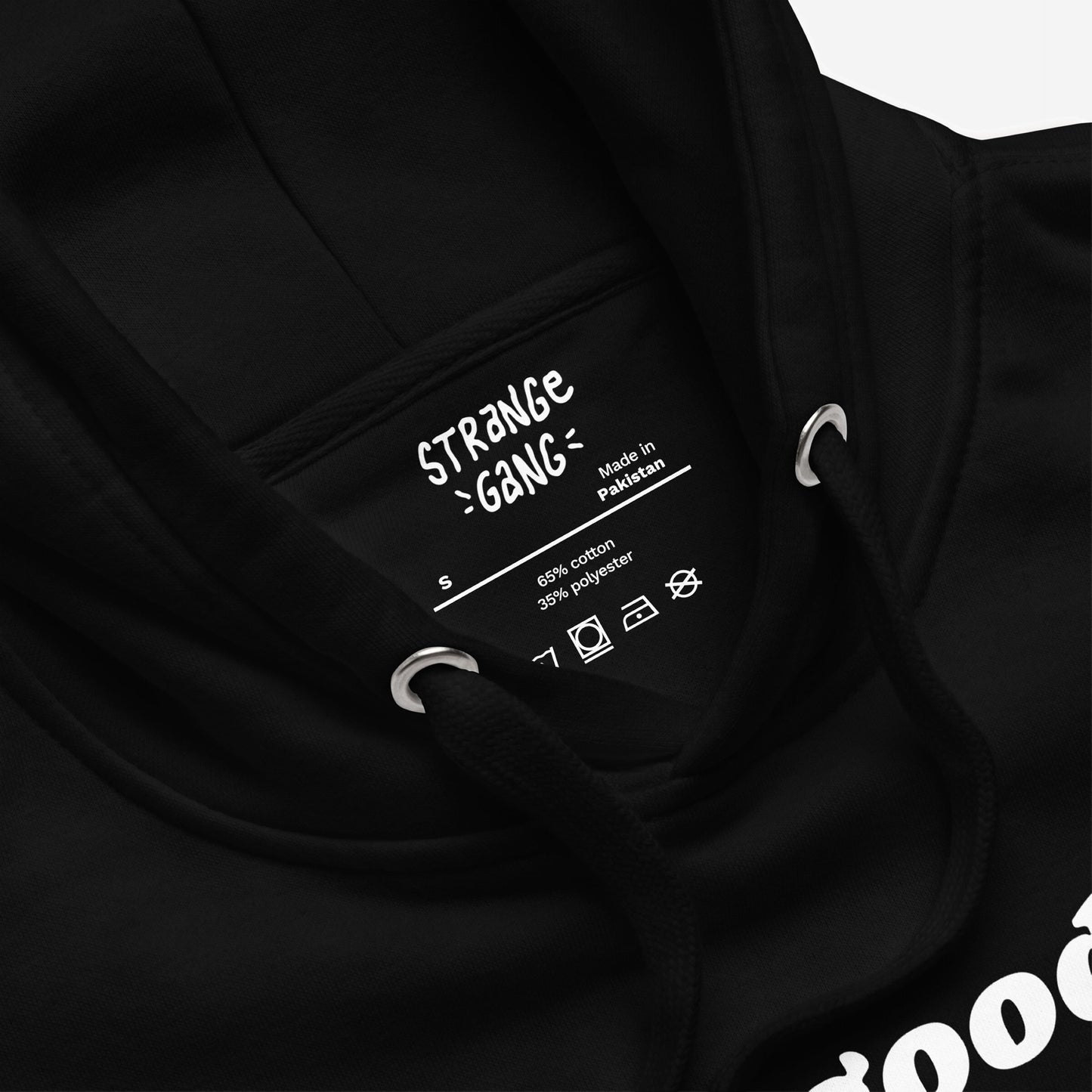 Good Day Hoodie & Sweatshirt features a bold “STRANGE GANG” label, black drawcords, and metal eyelets. Made in Pakistan, blending comfort with a message of everyday optimism.