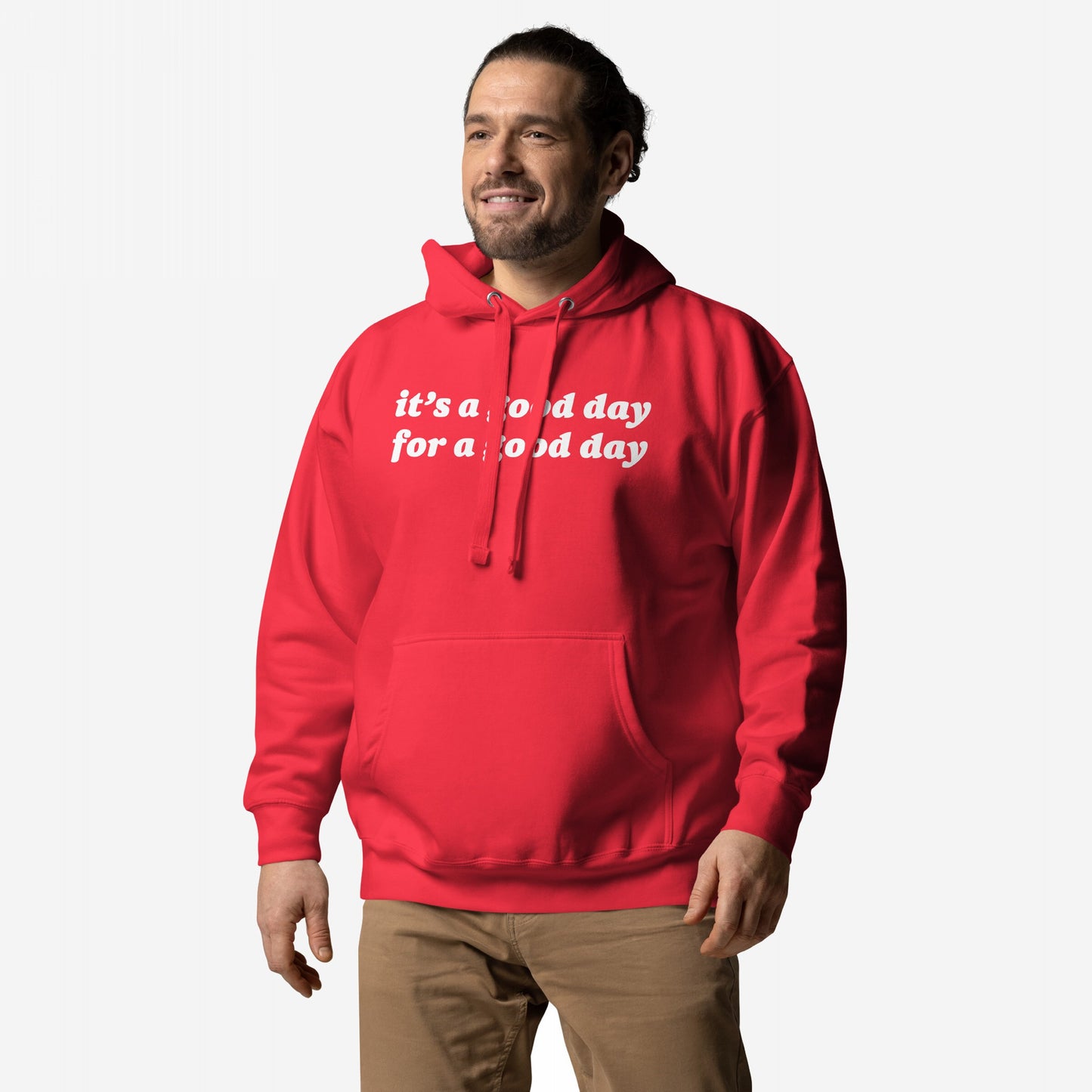Good Day Hoodie & Sweatshirt featuring a positive slogan in retro type, worn by a smiling man. This cozy, versatile piece encourages optimism and is perfect for layering and spreading positivity.