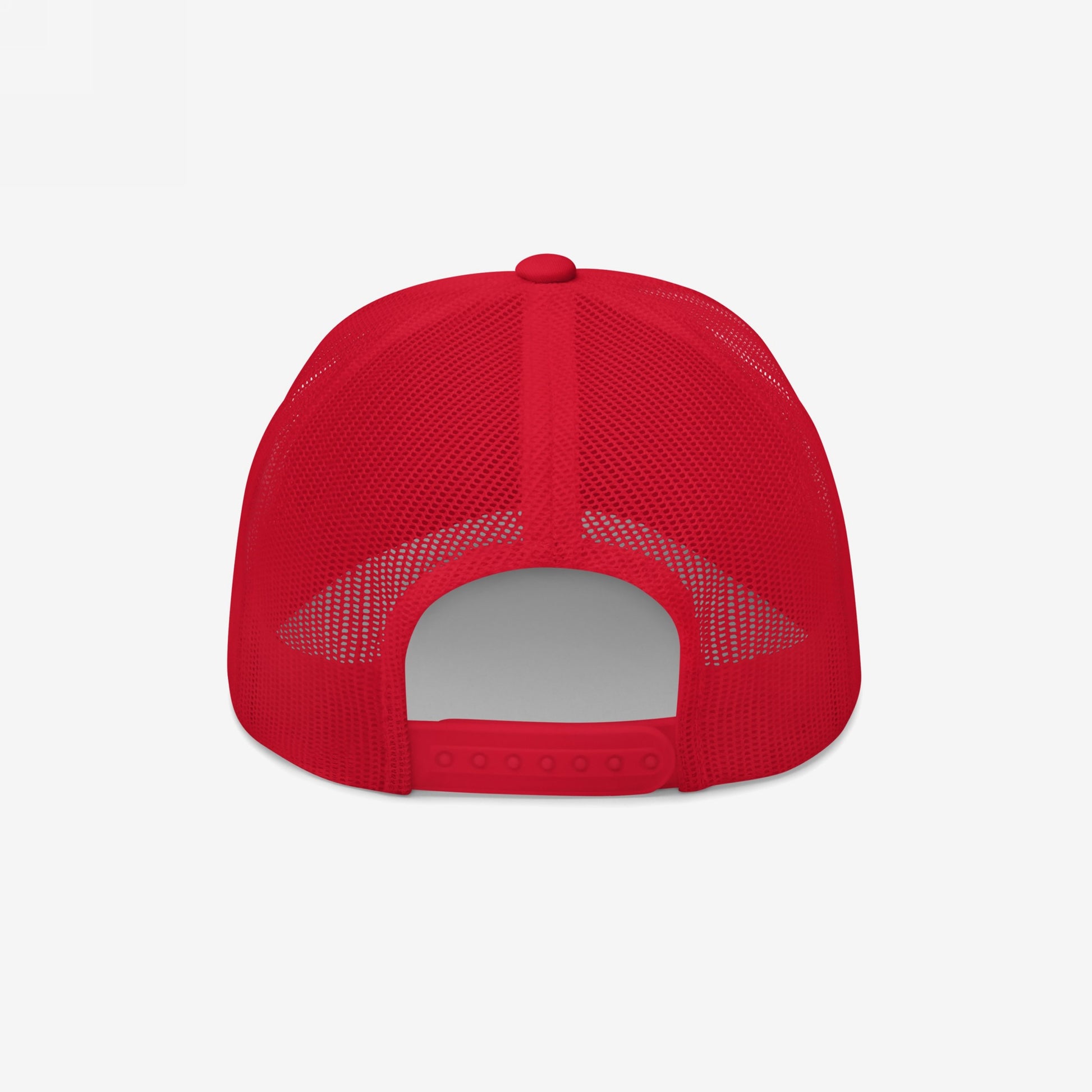 Back view of the Good Day Hat, a bright red mesh-backed trucker cap with an adjustable snap closure. This hat embodies positivity and retro flair, perfect for spreading good vibes and supporting mental health.