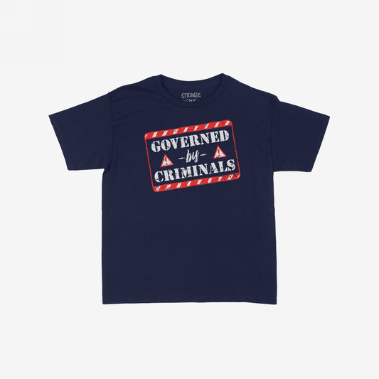 Governed By Criminals Women's Baby Tee features a distressed graphic with GOVERNED by CRIMINALS text in a red-and-white border. Ideal for those challenging authority and supporting equality.