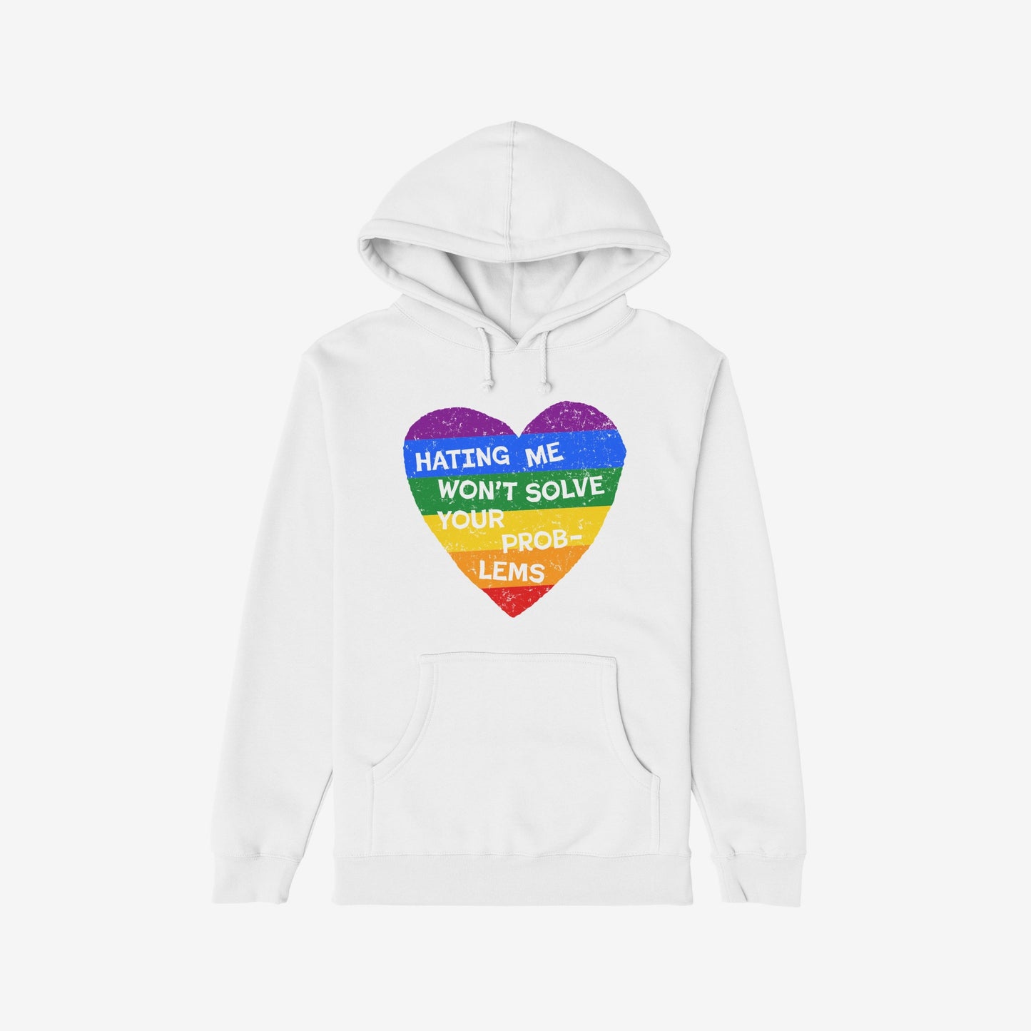 No LGBTQ Hate Shirt: White pullover hoodie with a distressed rainbow heart and bold message against hate, promoting LGBTQ+ love and resistance. Features drawstrings and a front pocket.