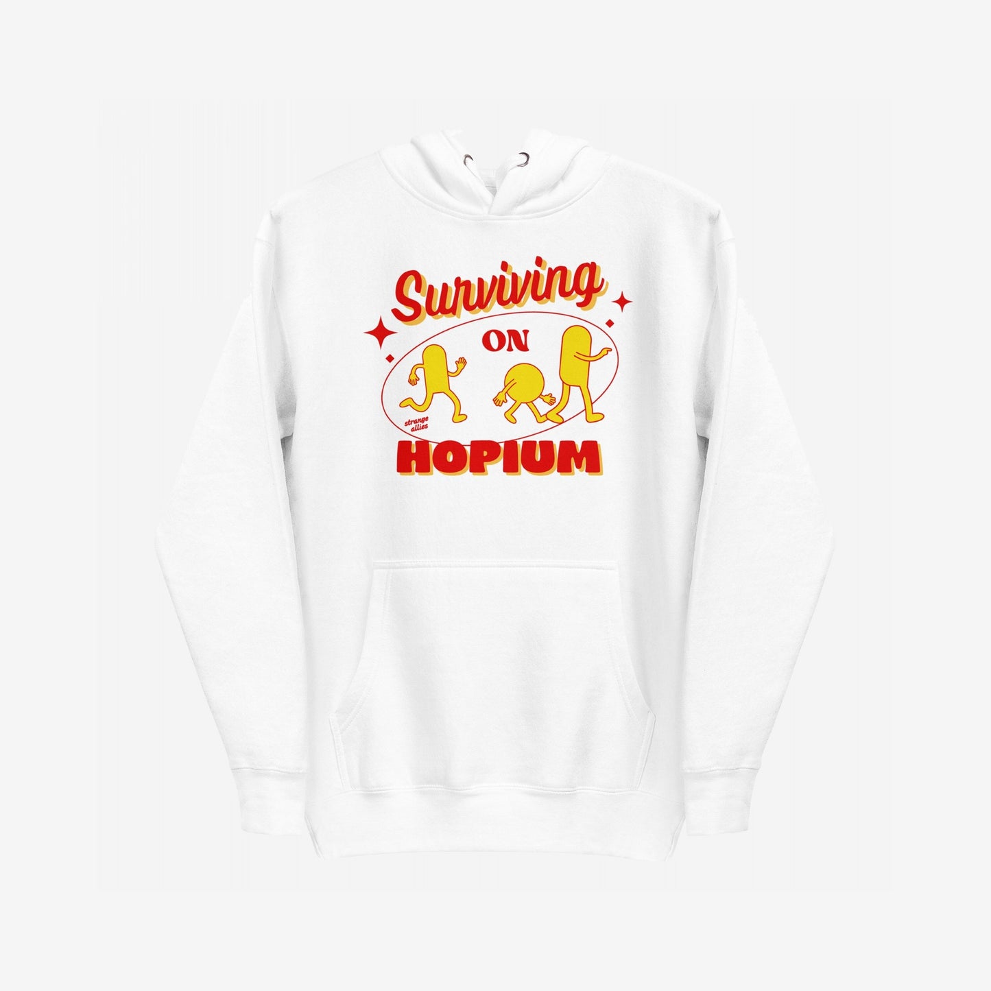 Hopium Hoodie & Sweatshirt features a white hooded design with a bold red-and-yellow graphic, Surviving on HOPIUM, adorned with whimsical pill characters, embodying a lifestyle of optimistic rebellion.