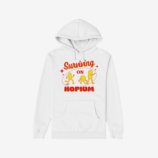 Hopium Hoodie & Sweatshirt features a white hooded design with a bold red-and-yellow graphic, Surviving on HOPIUM, adorned with whimsical pill characters, embodying a lifestyle of optimistic rebellion.