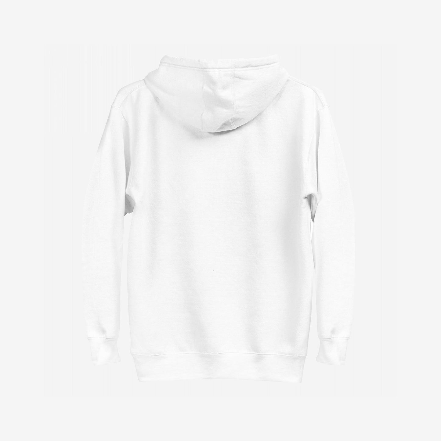 Back view of the Hopium Hoodie, a plain white sweatshirt symbolizing hopeful optimism. This minimalist design features no visible graphics or logos, embodying a lifestyle of positivity and daydreaming.