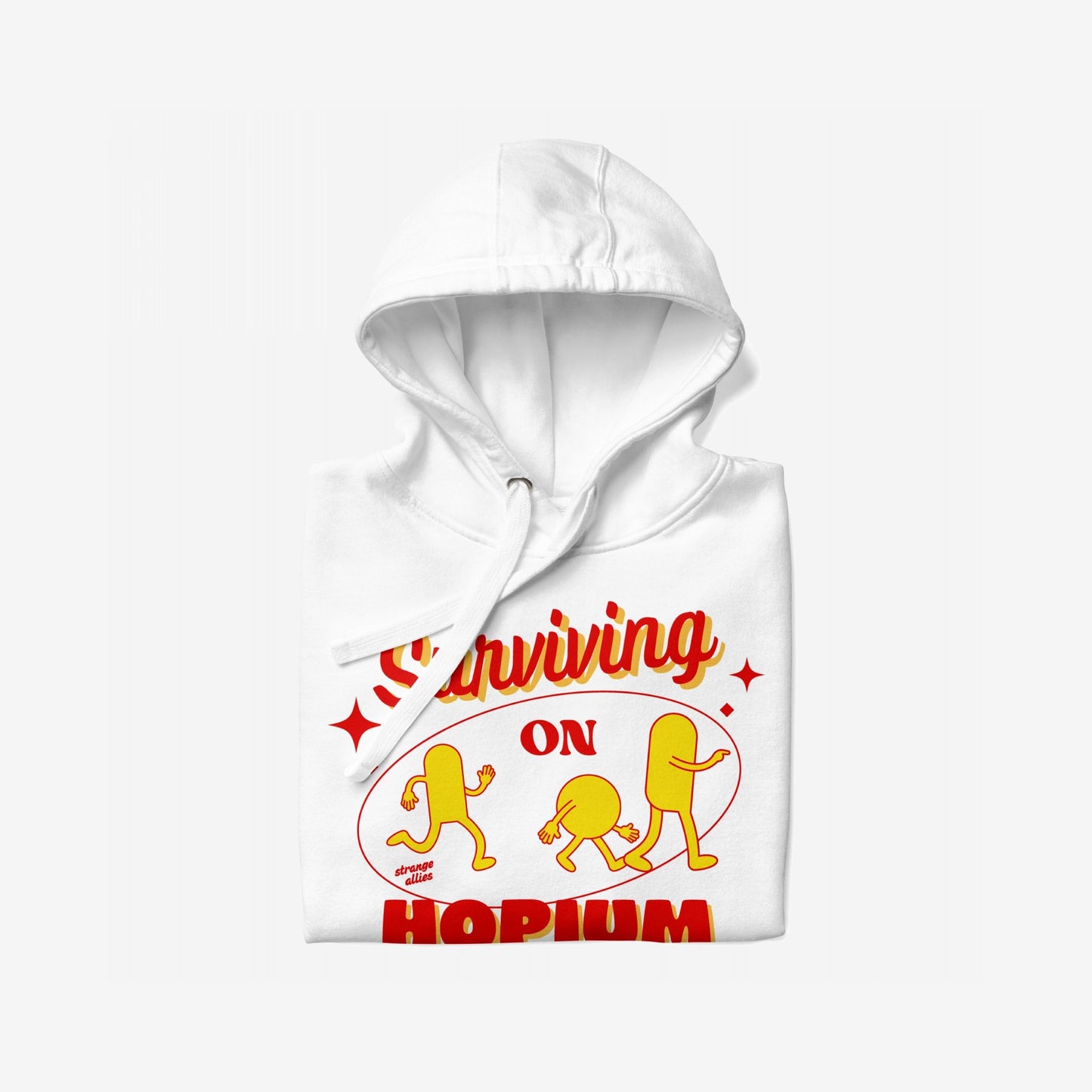 The Hopium Hoodie & Sweatshirt features a bold, retro-style print with “Surviving on Hopium” and cartoon figures, embodying a lifestyle of optimism and hope, ideal for daydreamers.