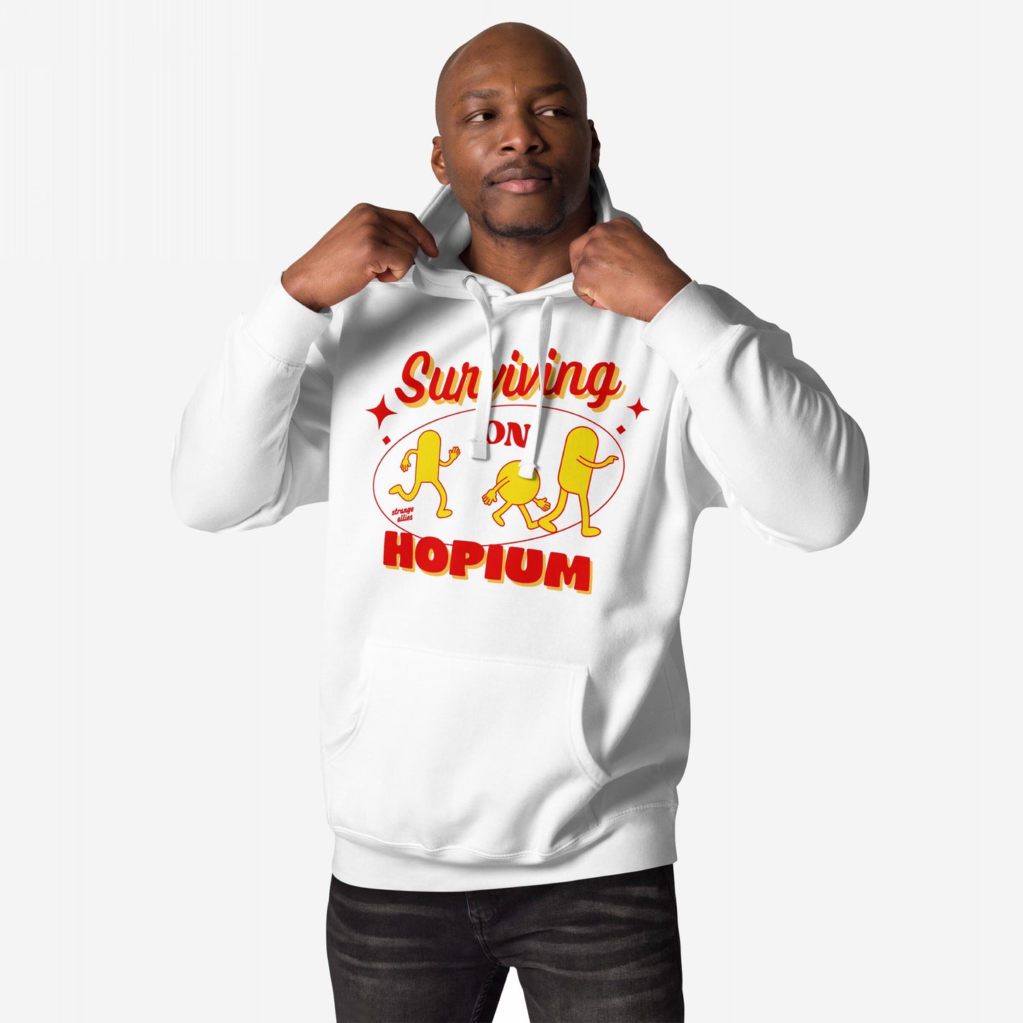 Man models the Hopium Hoodie, featuring a colorful graphic of bean-shaped characters and bold HOPIUM text, embodying a lifestyle of optimistic defiance and artistic expression.