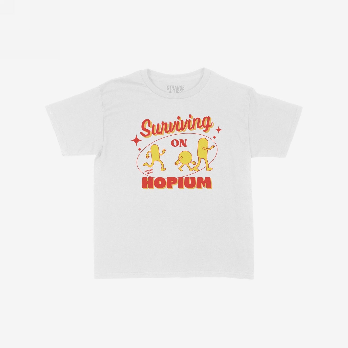 Hopium T-shirt with retro graphic: 'Surviving on Hopium' in red and yellow, featuring playful hop-cone characters, embodying a humorous, optimistic spirit perfect for dreamers and believers.