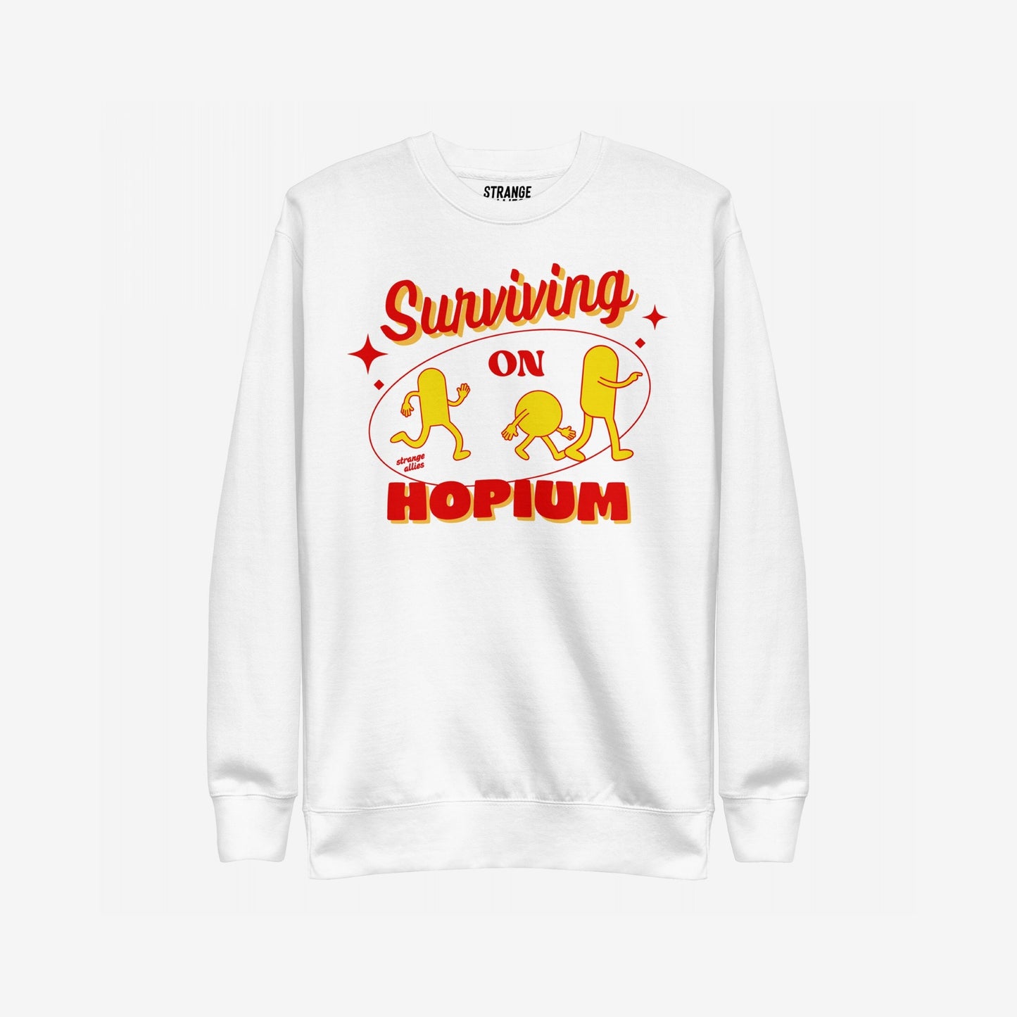 Hopium Hoodie & Sweatshirt features a white crewneck with bold “Surviving on HOPIUM” text and playful retro characters, embodying optimistic rebellion and creative expression. Ideal for dreamers and hope enthusiasts.