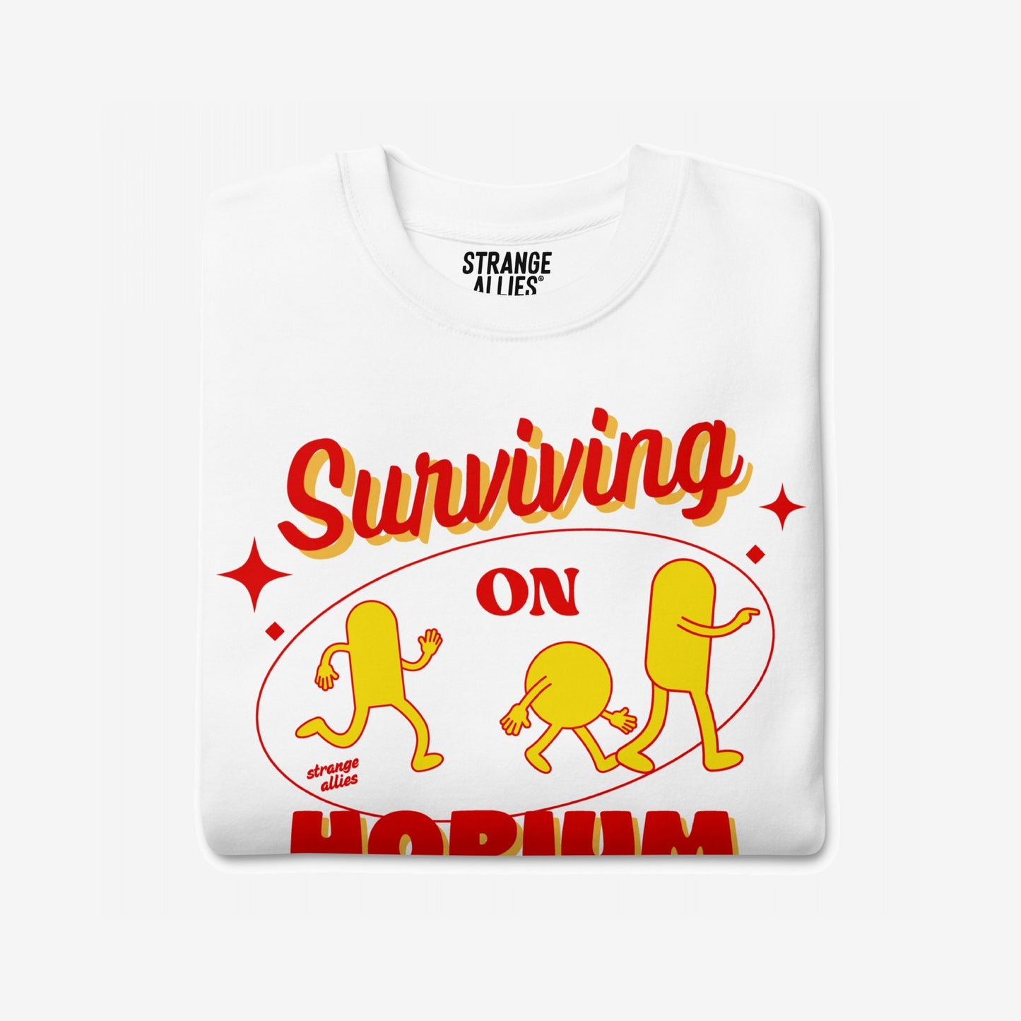 Hopium Hoodie & Sweatshirt featuring bold Surviving on HOPIUM graphic with quirky cartoon pill characters, embodying a lifestyle of optimistic defiance and dreamy escapism, perfect for hope enthusiasts.